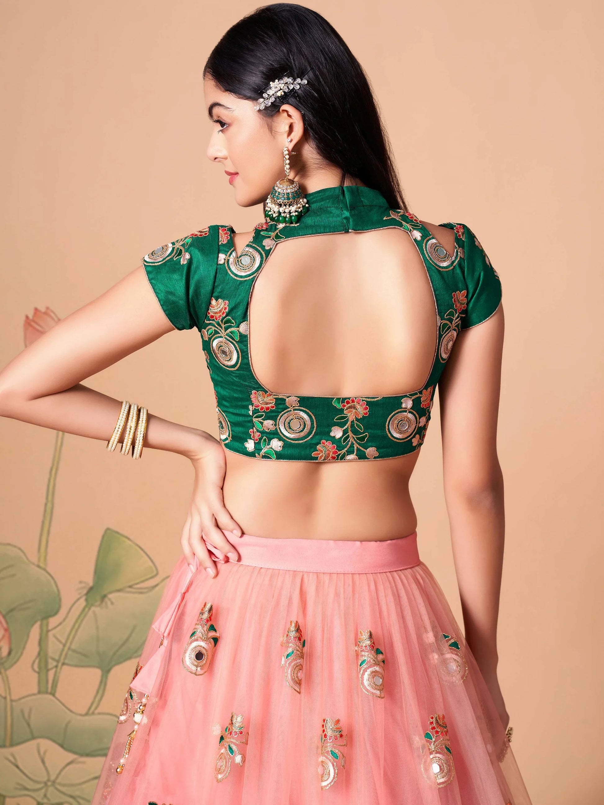 Glamorous Peach Mirror Work Net Wedding Wear Lehenga Choli - Zeel Clothing