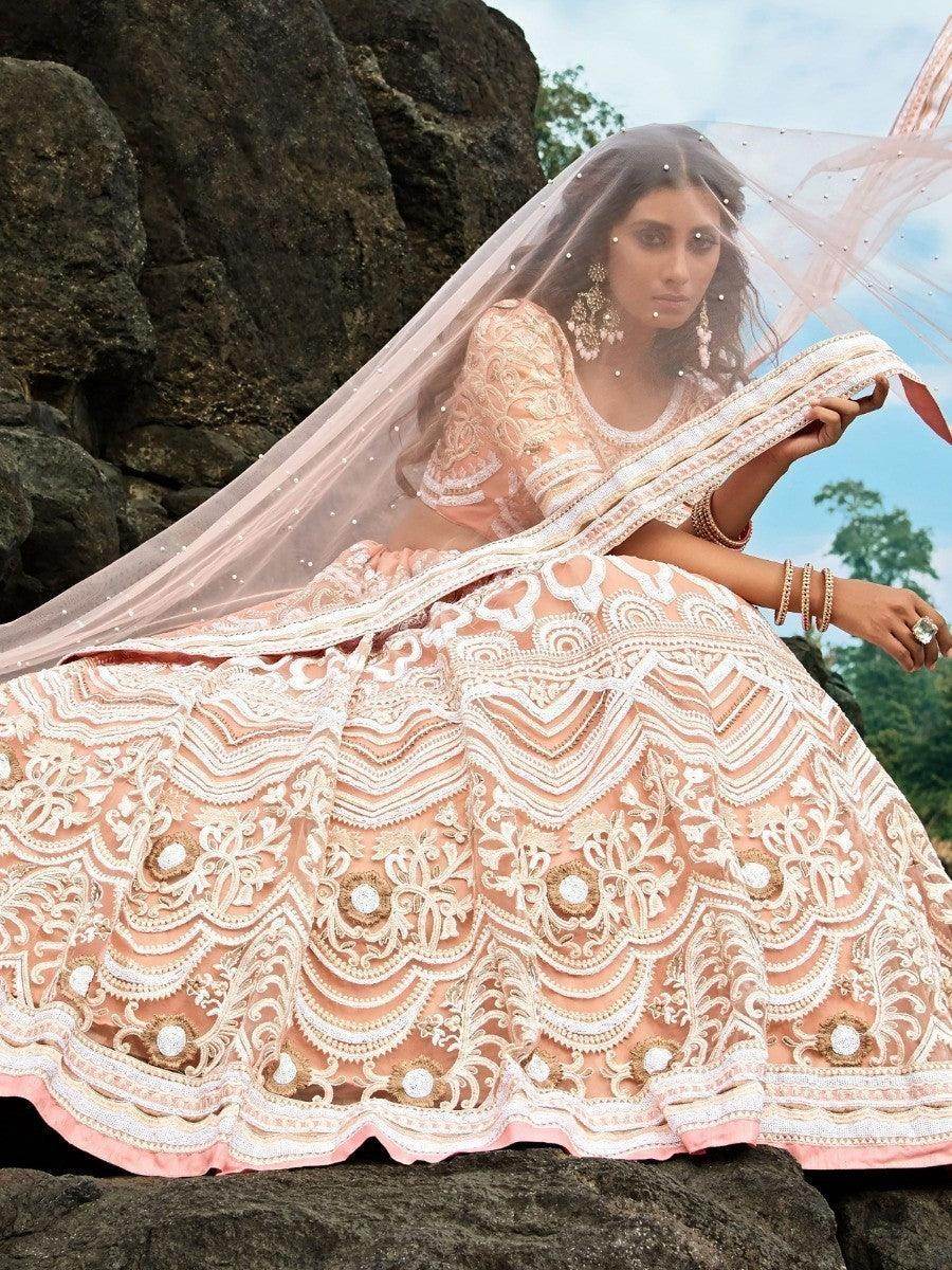 Glamorous Peach Sequins Net Engagement Wear Lehenga Choli With Dupatta - Zeel Clothing