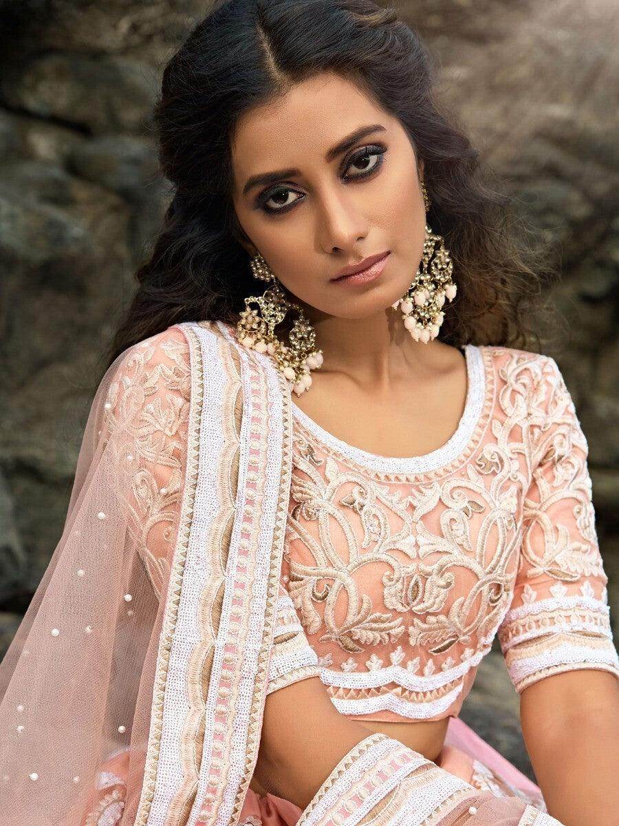 Glamorous Peach Sequins Net Engagement Wear Lehenga Choli With Dupatta - Zeel Clothing