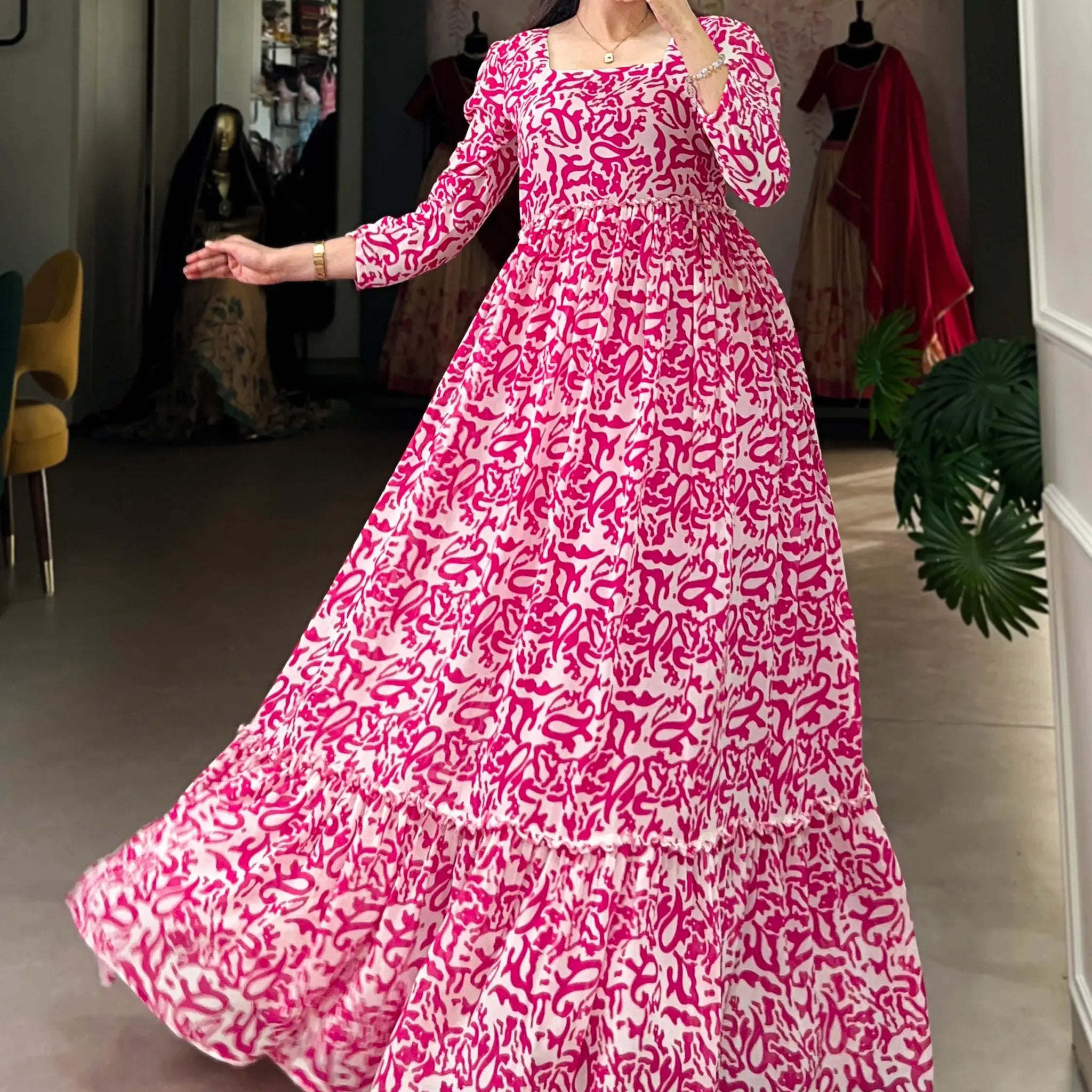 Glamorous Pink Digital Printed Georgette Casual Wear Gown - Zeel Clothing
