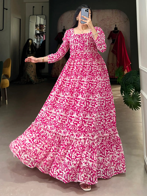 Glamorous Pink Digital Printed Georgette Casual Wear Gown - Zeel Clothing