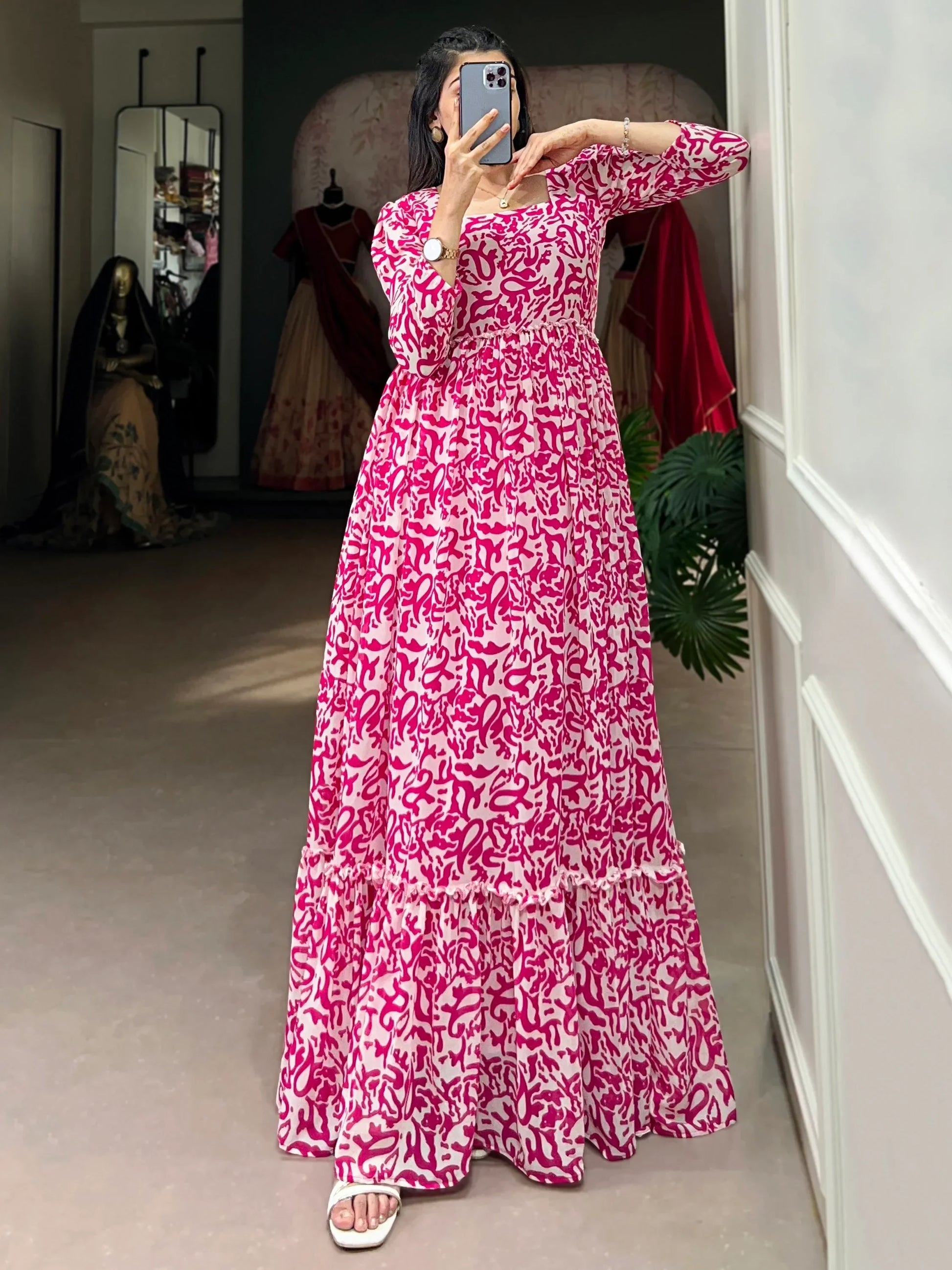 Glamorous Pink Digital Printed Georgette Casual Wear Gown - Zeel Clothing