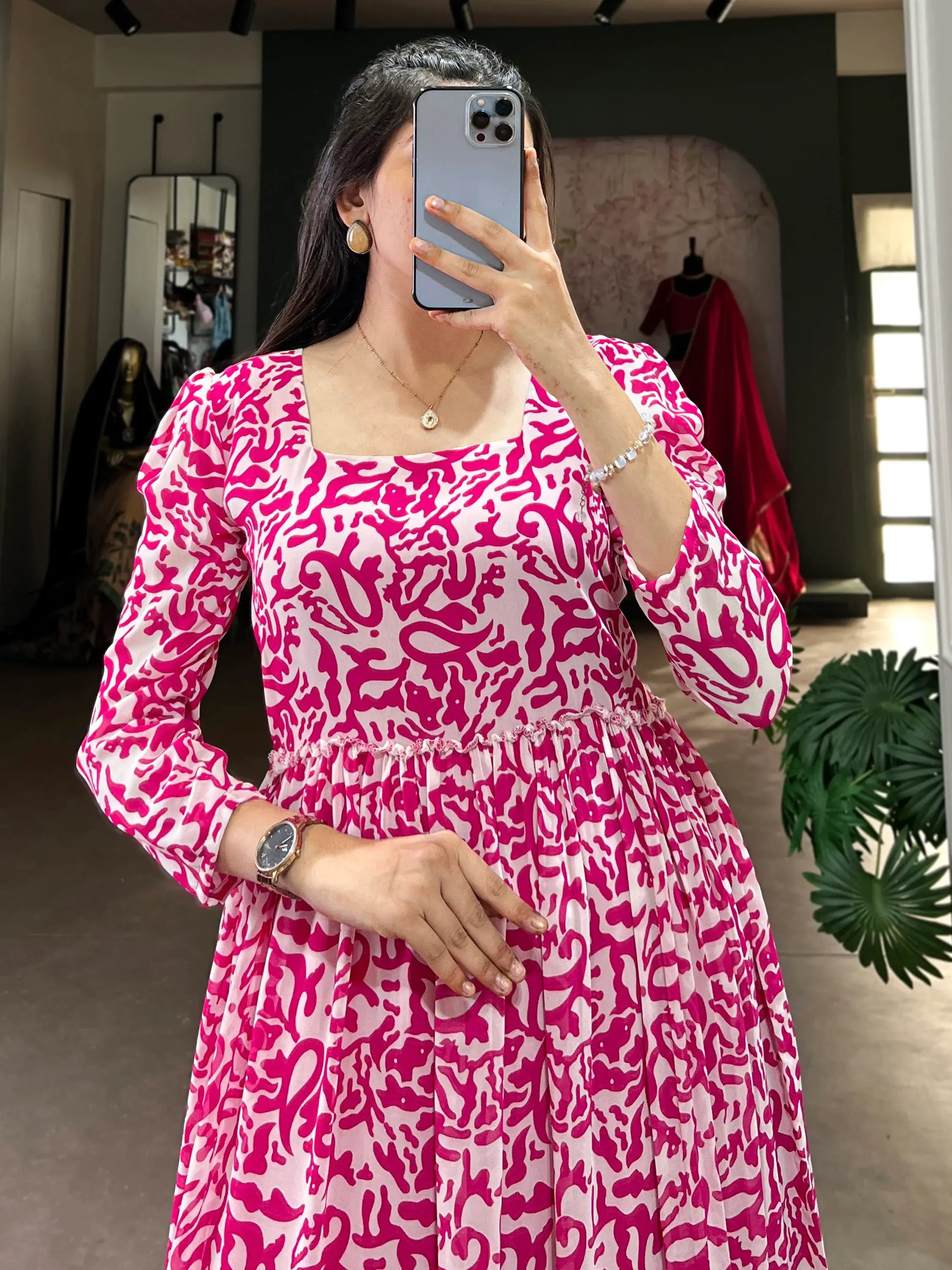 Glamorous Pink Digital Printed Georgette Casual Wear Gown - Zeel Clothing