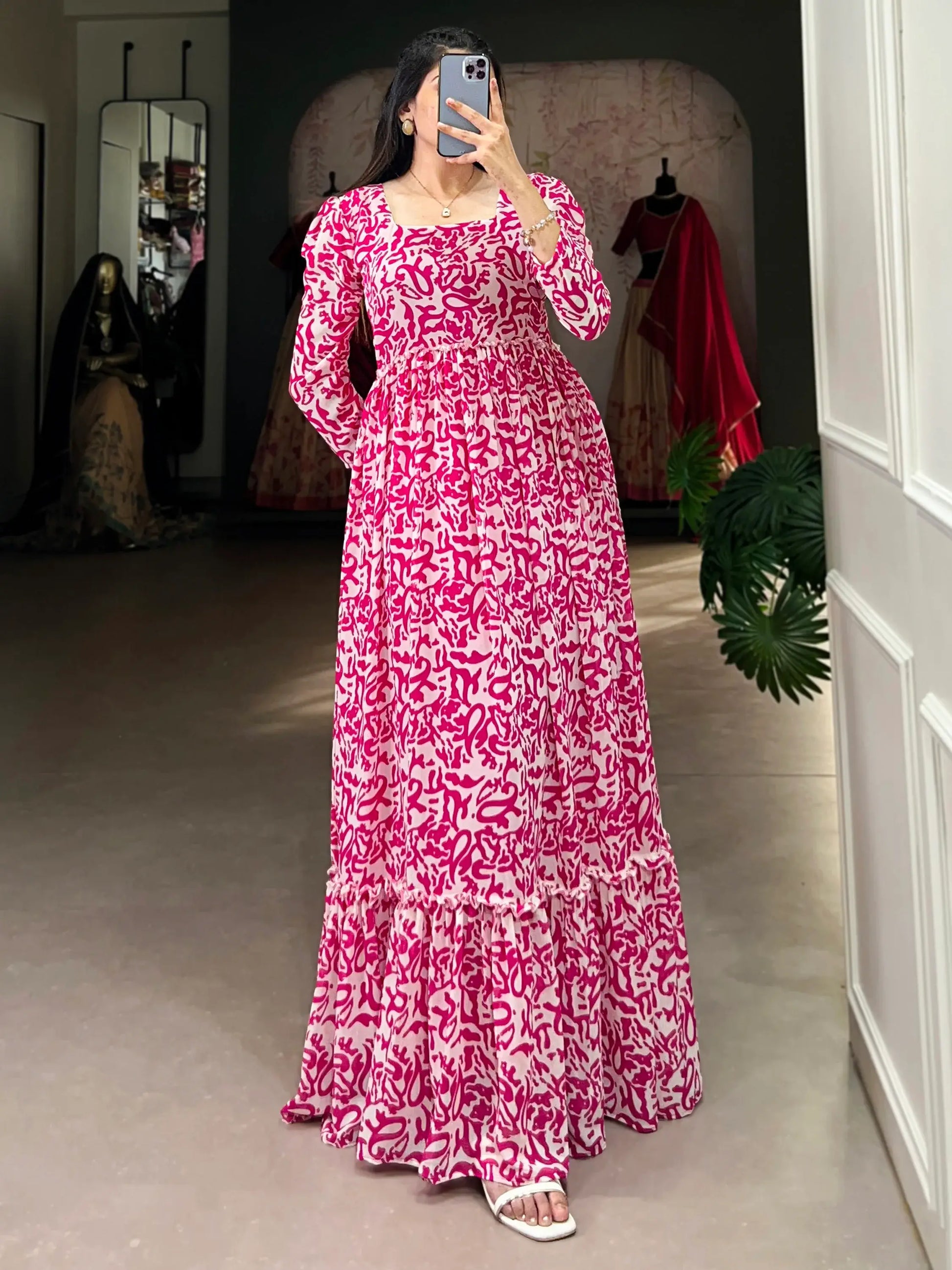 Glamorous Pink Digital Printed Georgette Casual Wear Gown - Zeel Clothing