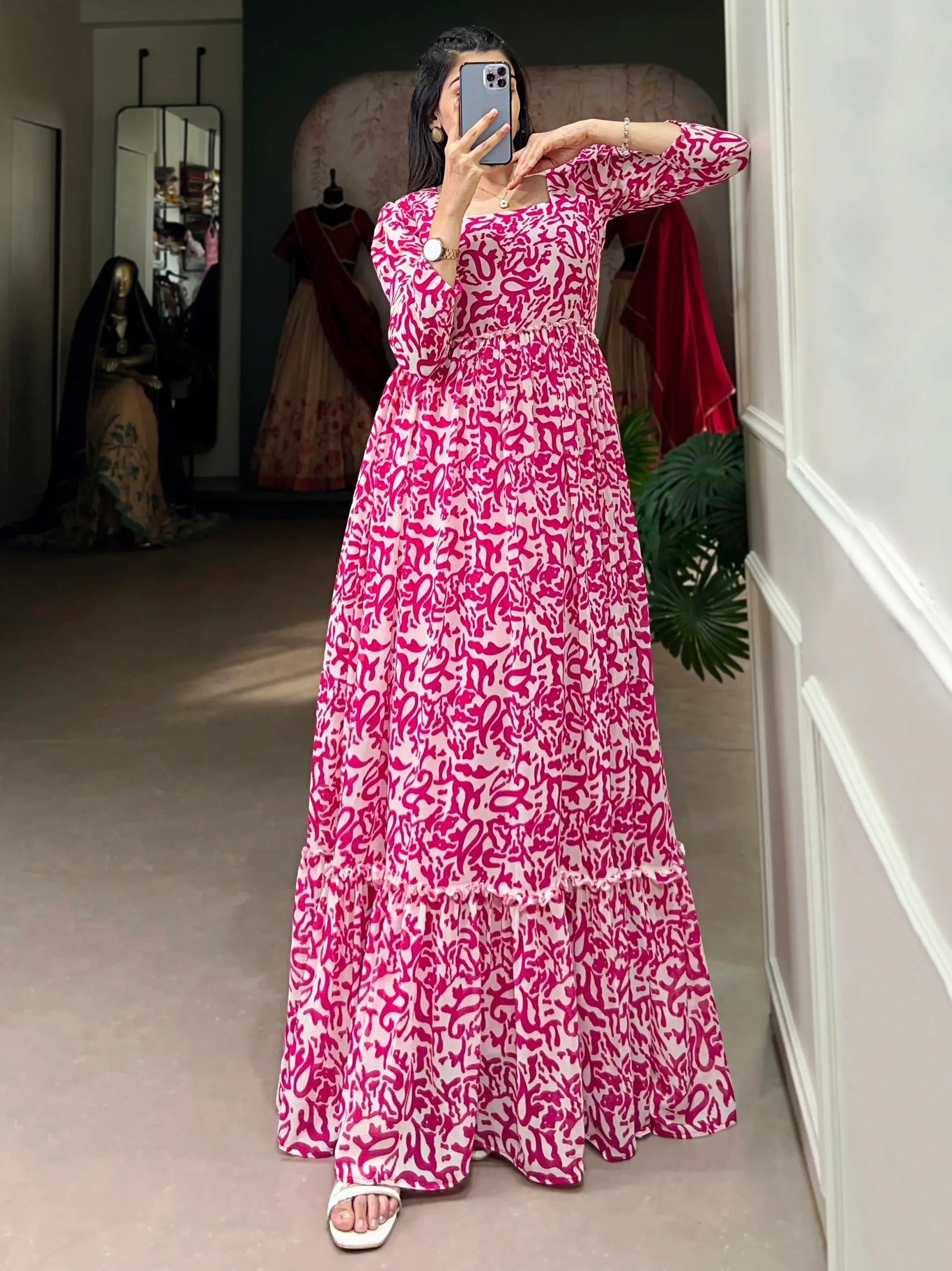Glamorous Pink Digital Printed Georgette Casual Wear Gown - Zeel Clothing