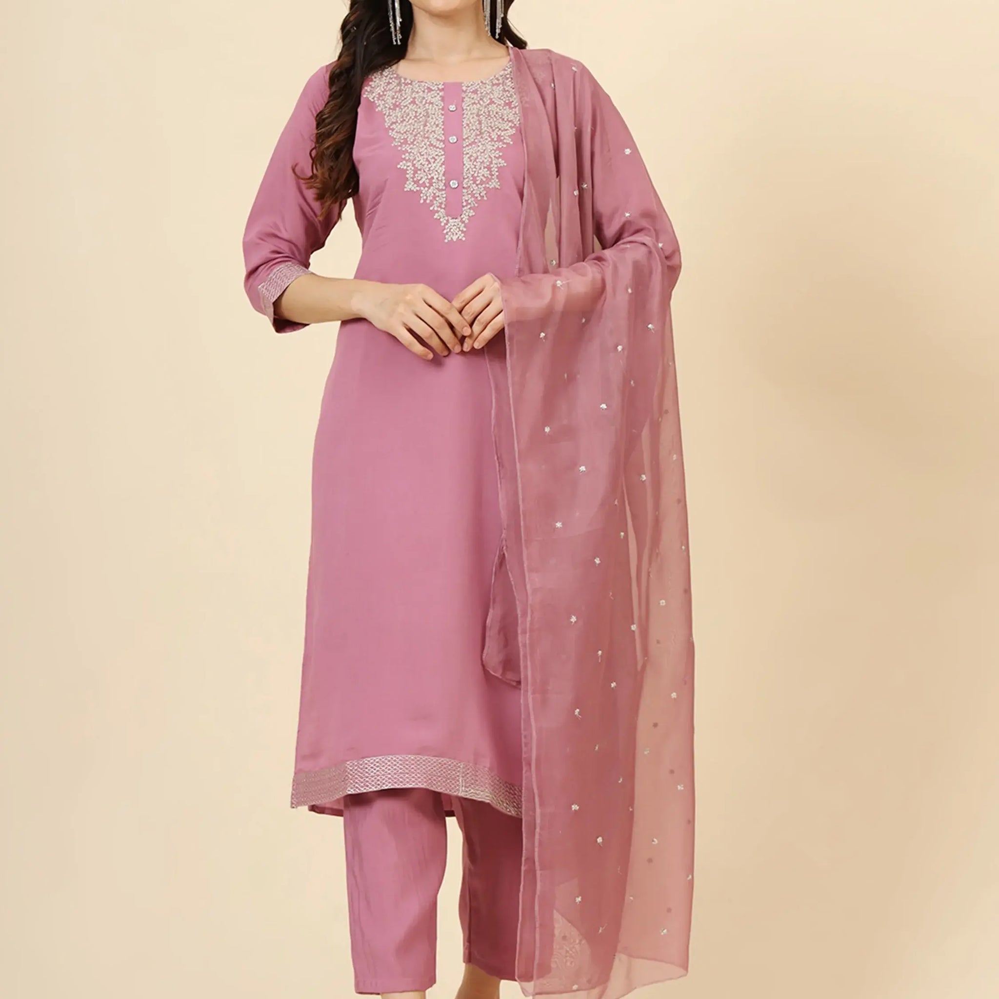 Glamorous Pink Embroidered Muslin Silk Festival Wear Pant Suit - Zeel Clothing