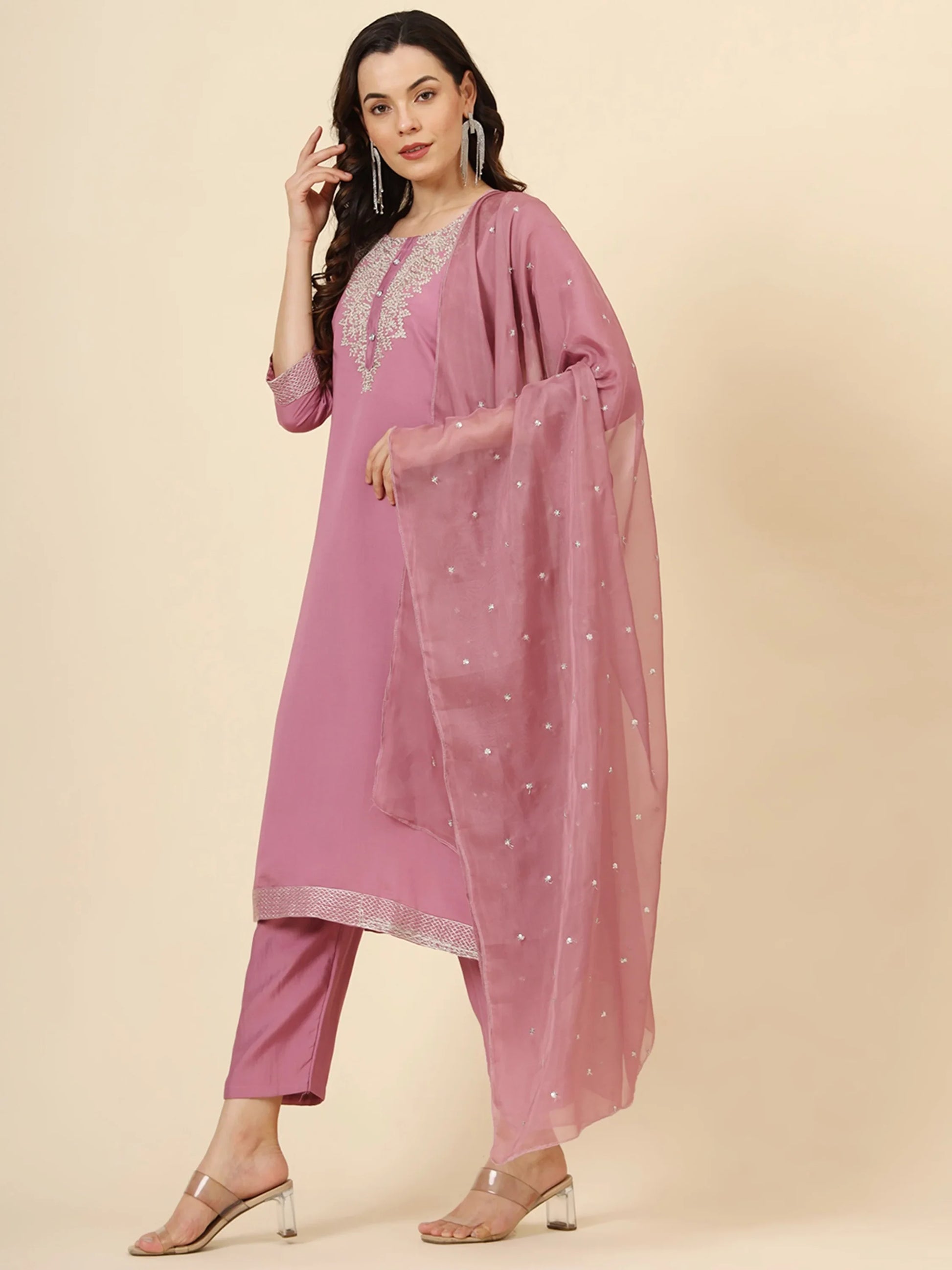 Glamorous Pink Embroidered Muslin Silk Festival Wear Pant Suit - Zeel Clothing