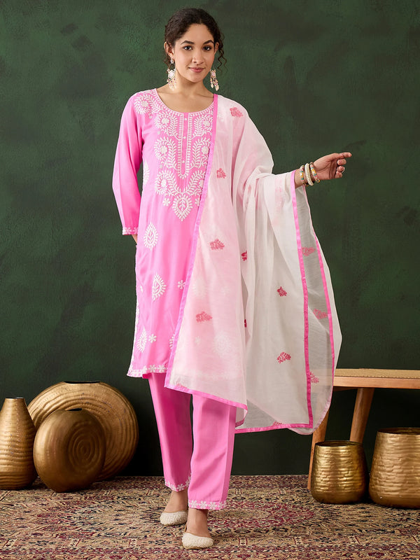 Glamorous Pink Embroidered Rayon Office Wear Pant Suit - Zeel Clothing