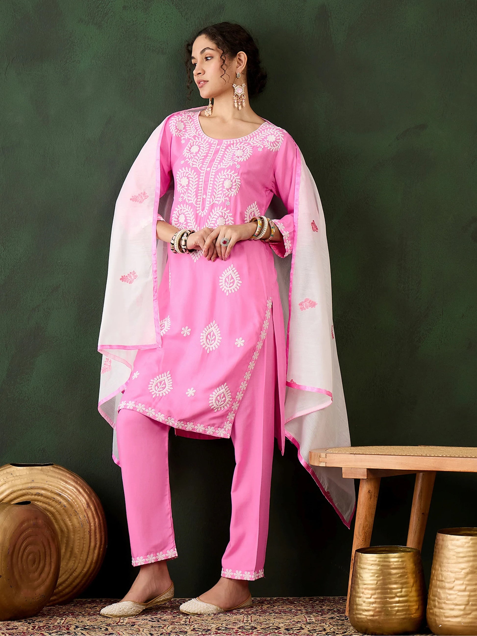 Glamorous Pink Embroidered Rayon Office Wear Pant Suit - Zeel Clothing