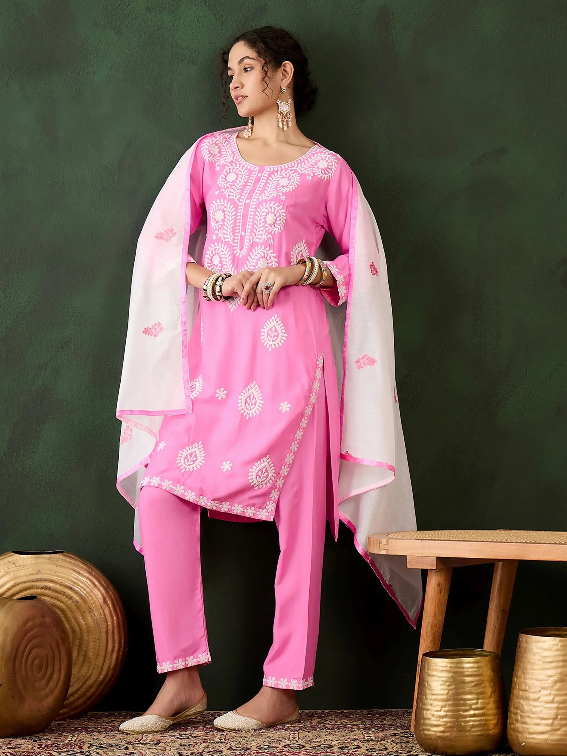 Glamorous Pink Embroidered Rayon Office Wear Pant Suit - Zeel Clothing