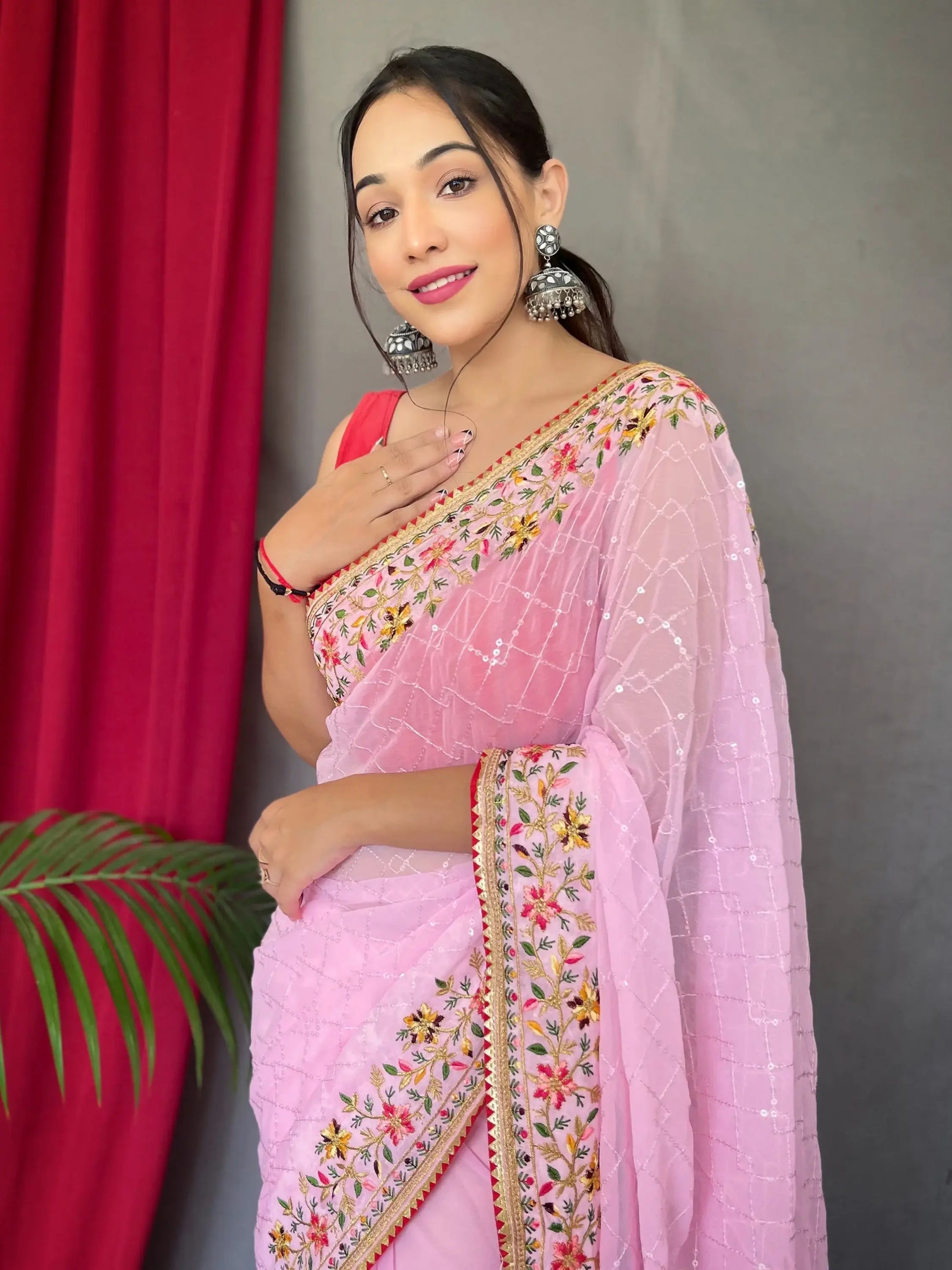 Glamorous Pink Sequins Georgette Event Wear Saree With Blouse - Zeel Clothing