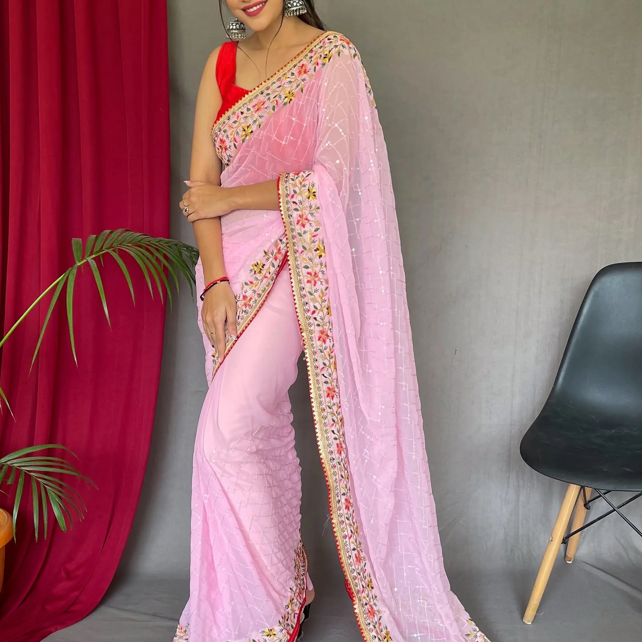 Glamorous Pink Sequins Georgette Event Wear Saree With Blouse - Zeel Clothing