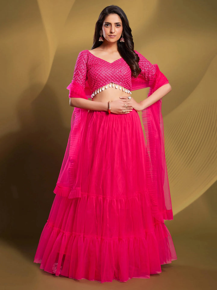 Glamorous Pink Sequins Soft Net Engagement Wear Lehenga Choli - Zeel Clothing