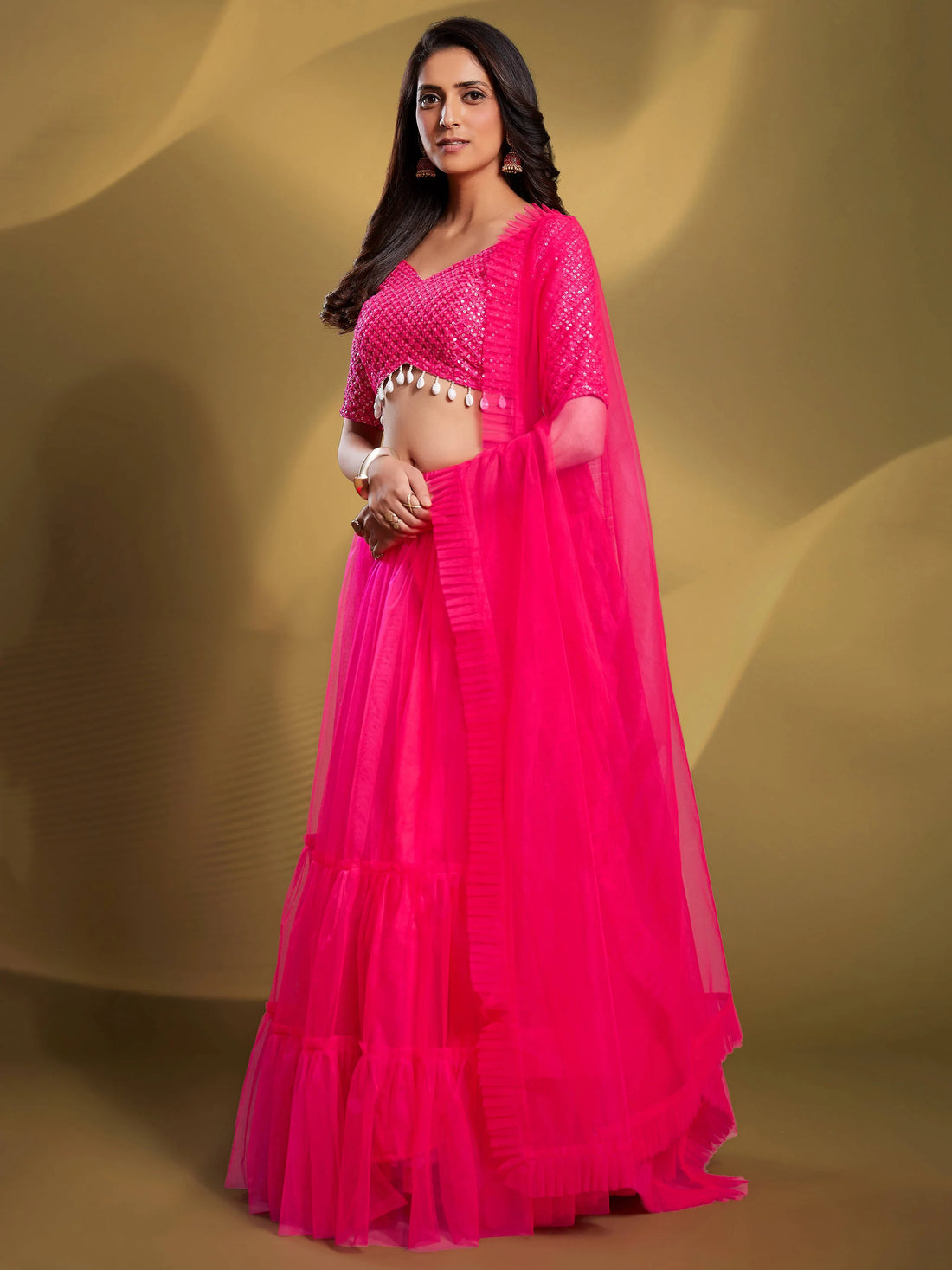 Glamorous Pink Sequins Soft Net Engagement Wear Lehenga Choli - Zeel Clothing
