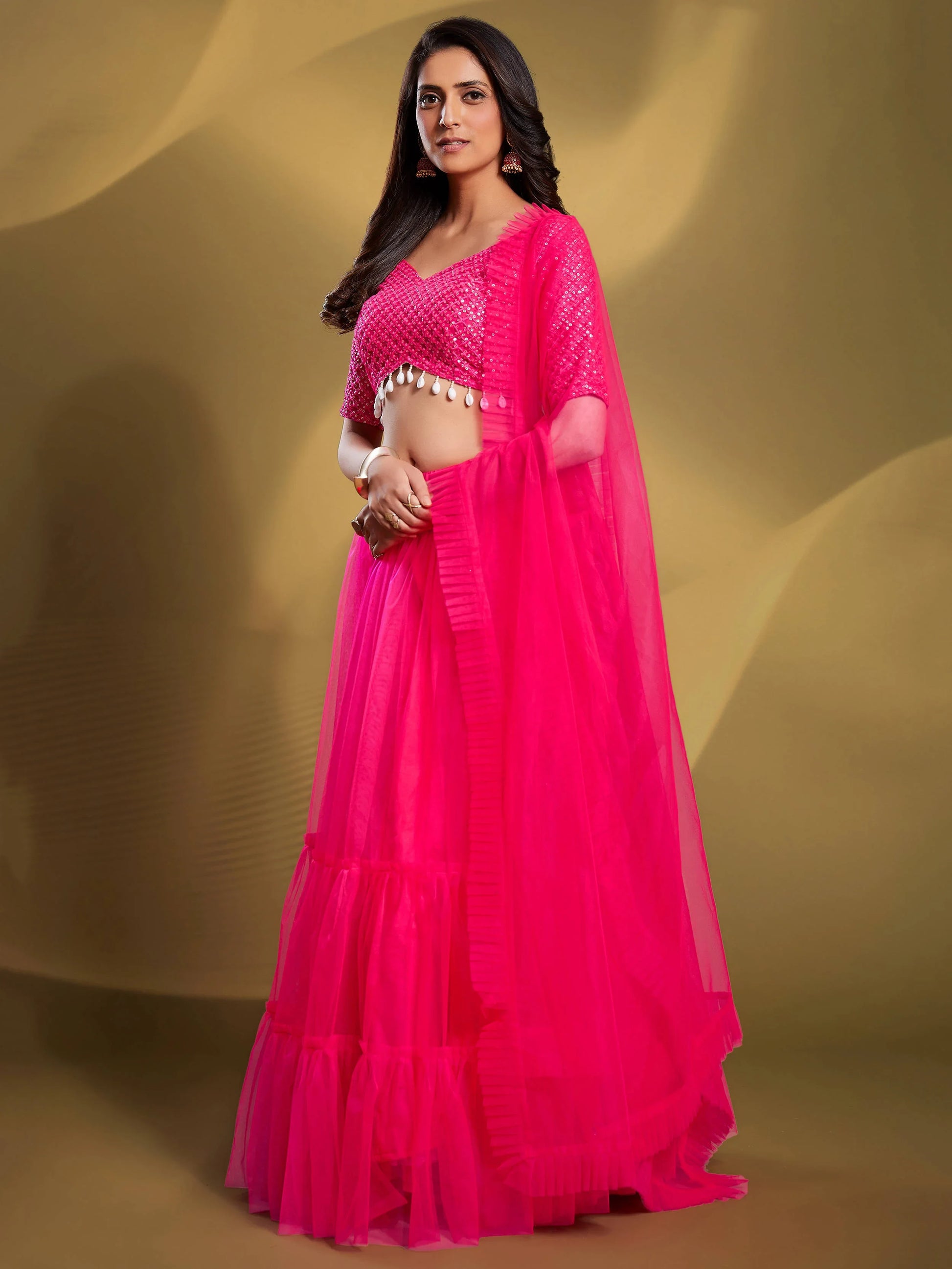 Glamorous Pink Sequins Soft Net Engagement Wear Lehenga Choli - Zeel Clothing
