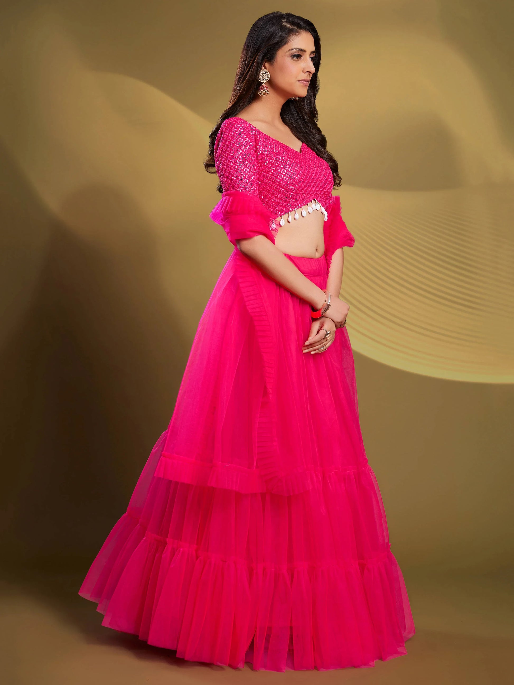 Glamorous Pink Sequins Soft Net Engagement Wear Lehenga Choli - Zeel Clothing