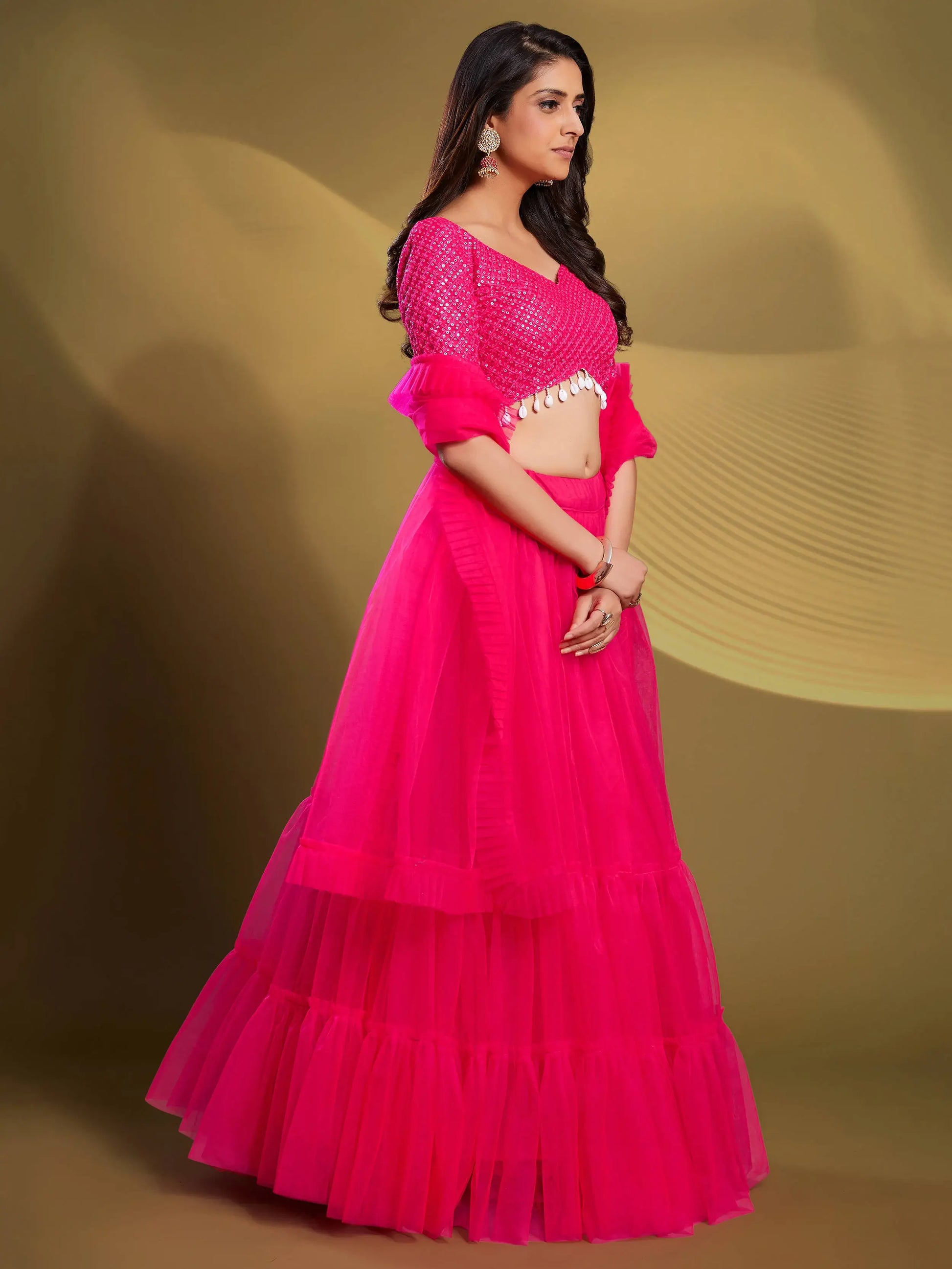 Glamorous Pink Sequins Soft Net Engagement Wear Lehenga Choli - Zeel Clothing