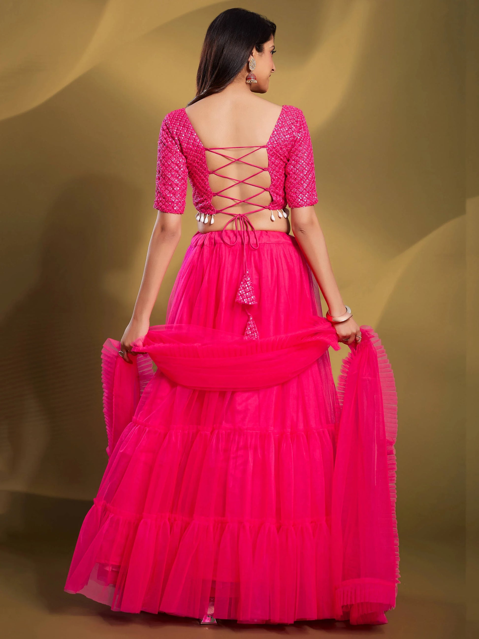 Glamorous Pink Sequins Soft Net Engagement Wear Lehenga Choli - Zeel Clothing