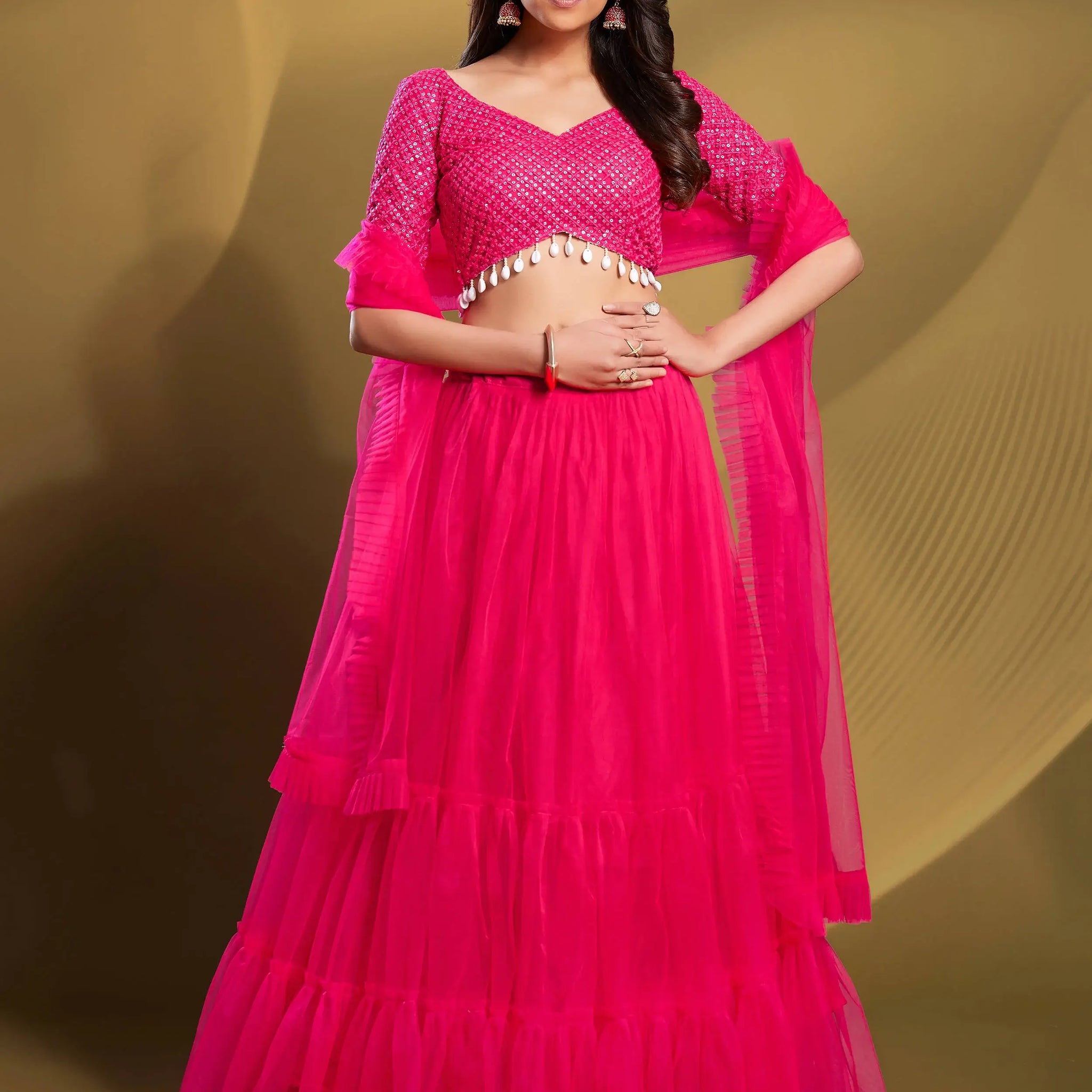 Glamorous Pink Sequins Soft Net Engagement Wear Lehenga Choli - Zeel Clothing
