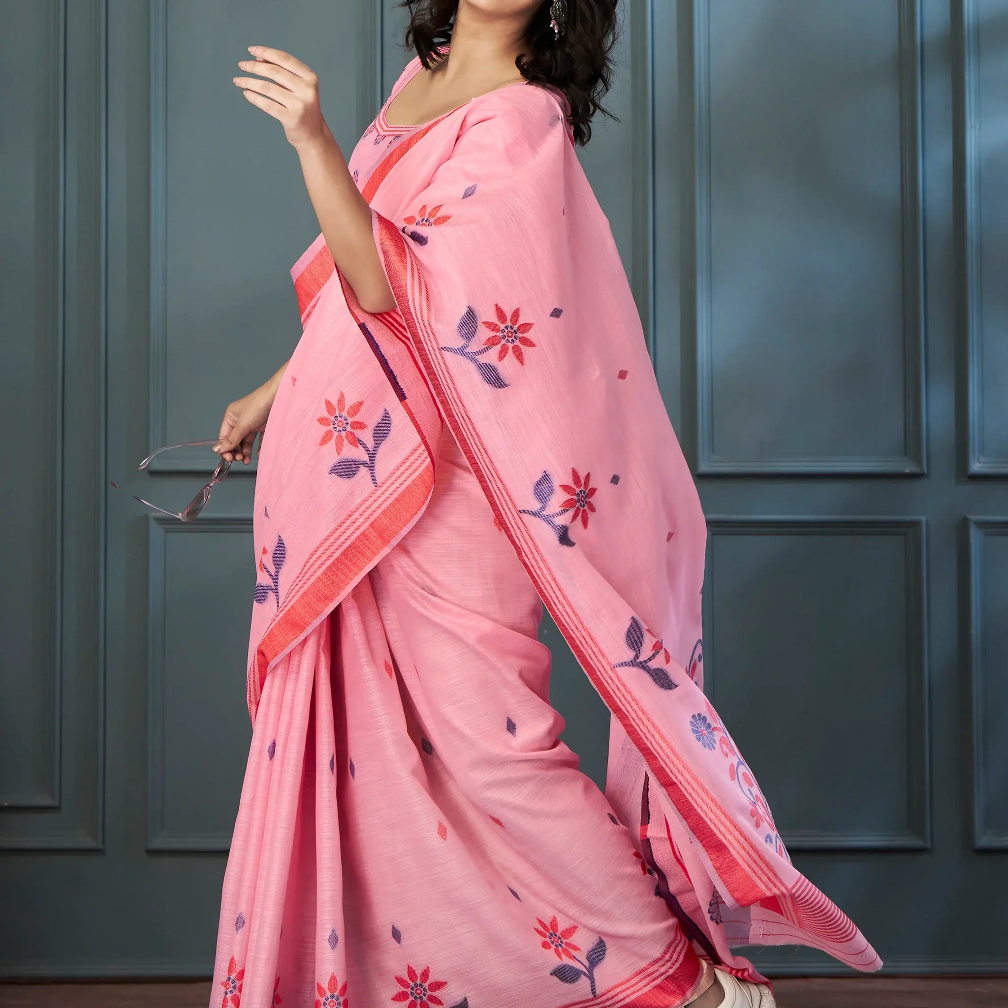 Glamorous Pink Weaving Linen Event Wear Saree With Blouse - Zeel Clothing