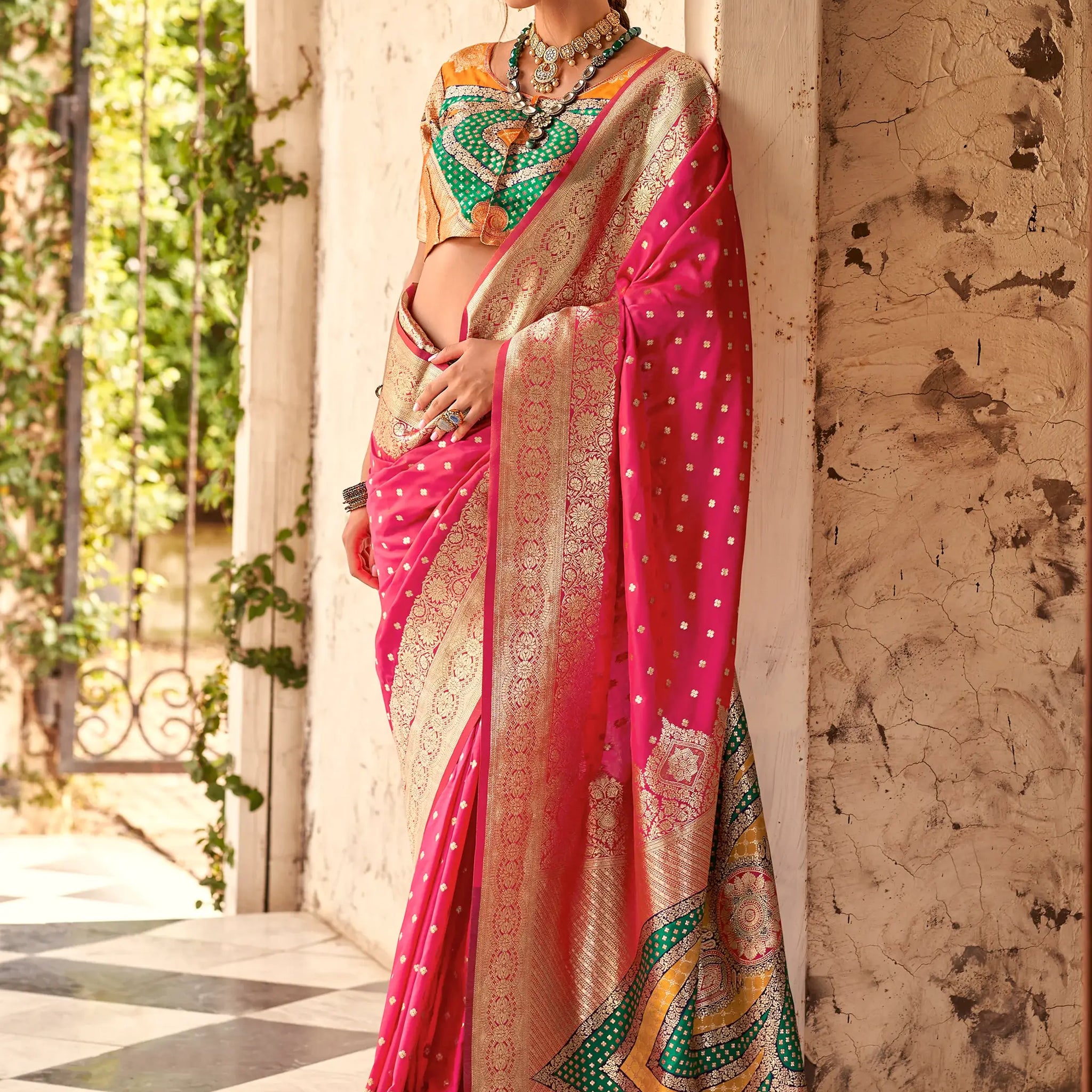 Glamorous Pink Zari Weaving Silk Festival Wear Saree With Blouse - Zeel Clothing
