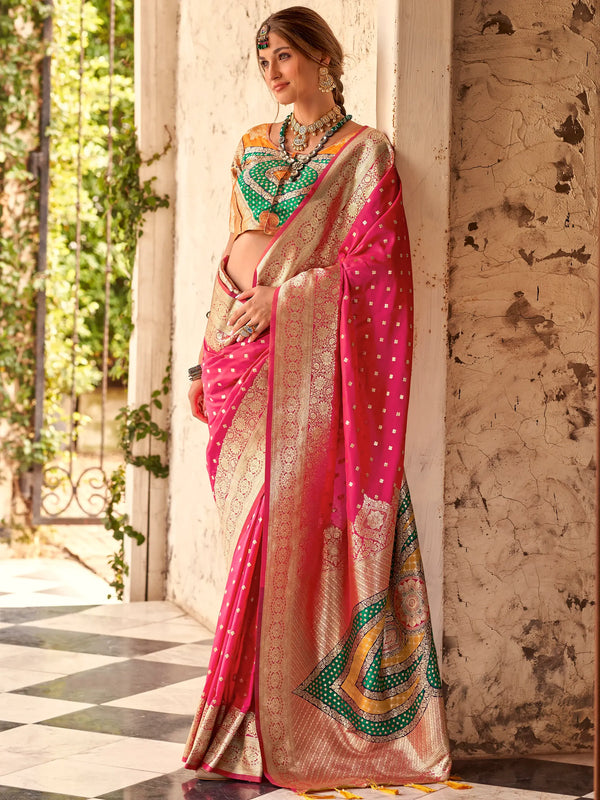 Glamorous Pink Zari Weaving Silk Festival Wear Saree With Blouse - Zeel Clothing