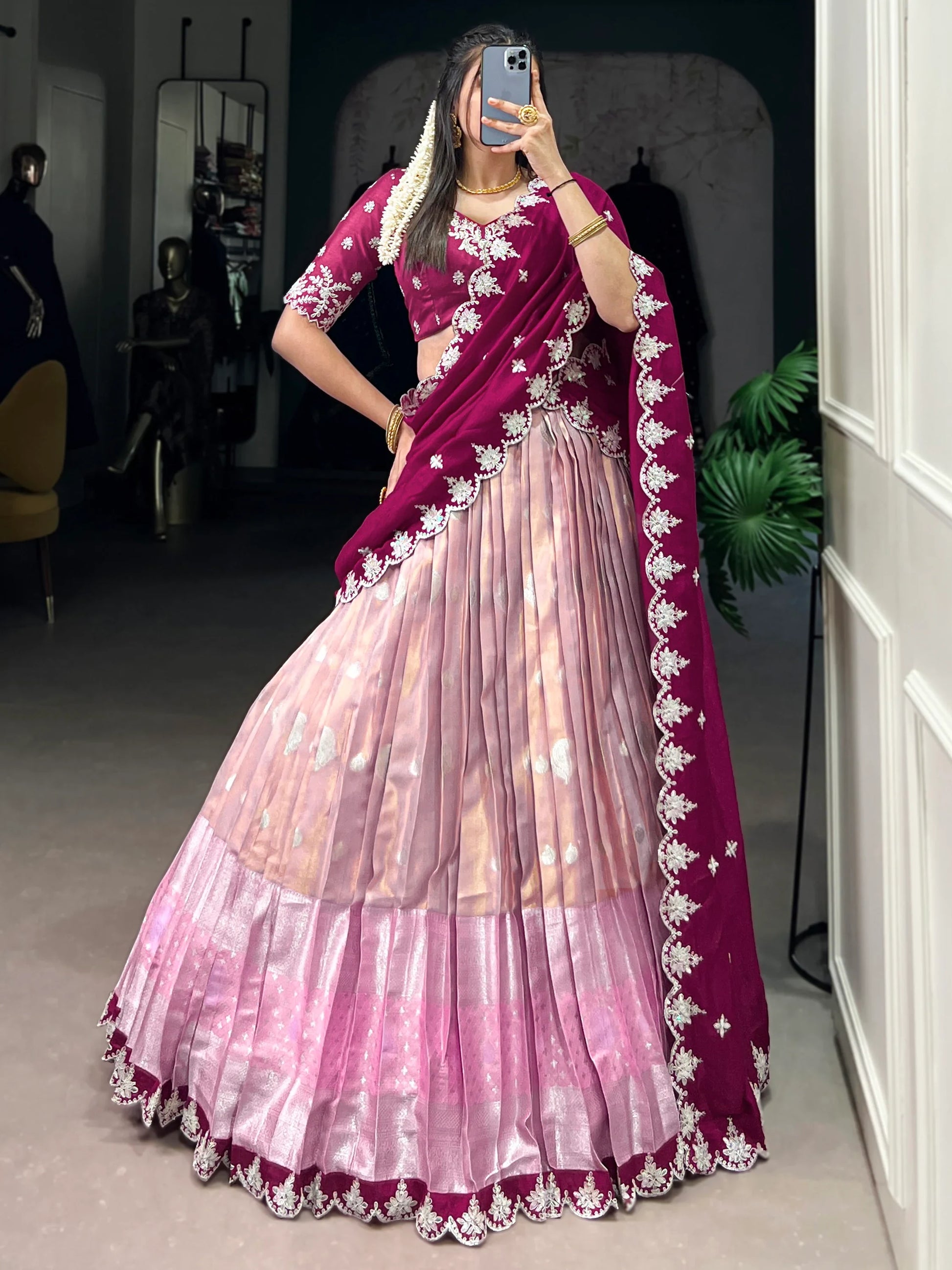 Glamorous Pink Zari Weaving Silk South Indian Lehenga Choli - Zeel Clothing