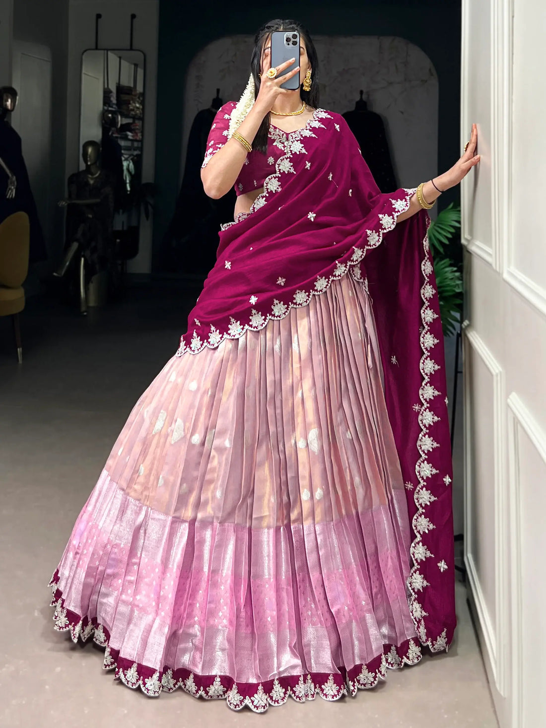 Glamorous Pink Zari Weaving Silk South Indian Lehenga Choli - Zeel Clothing
