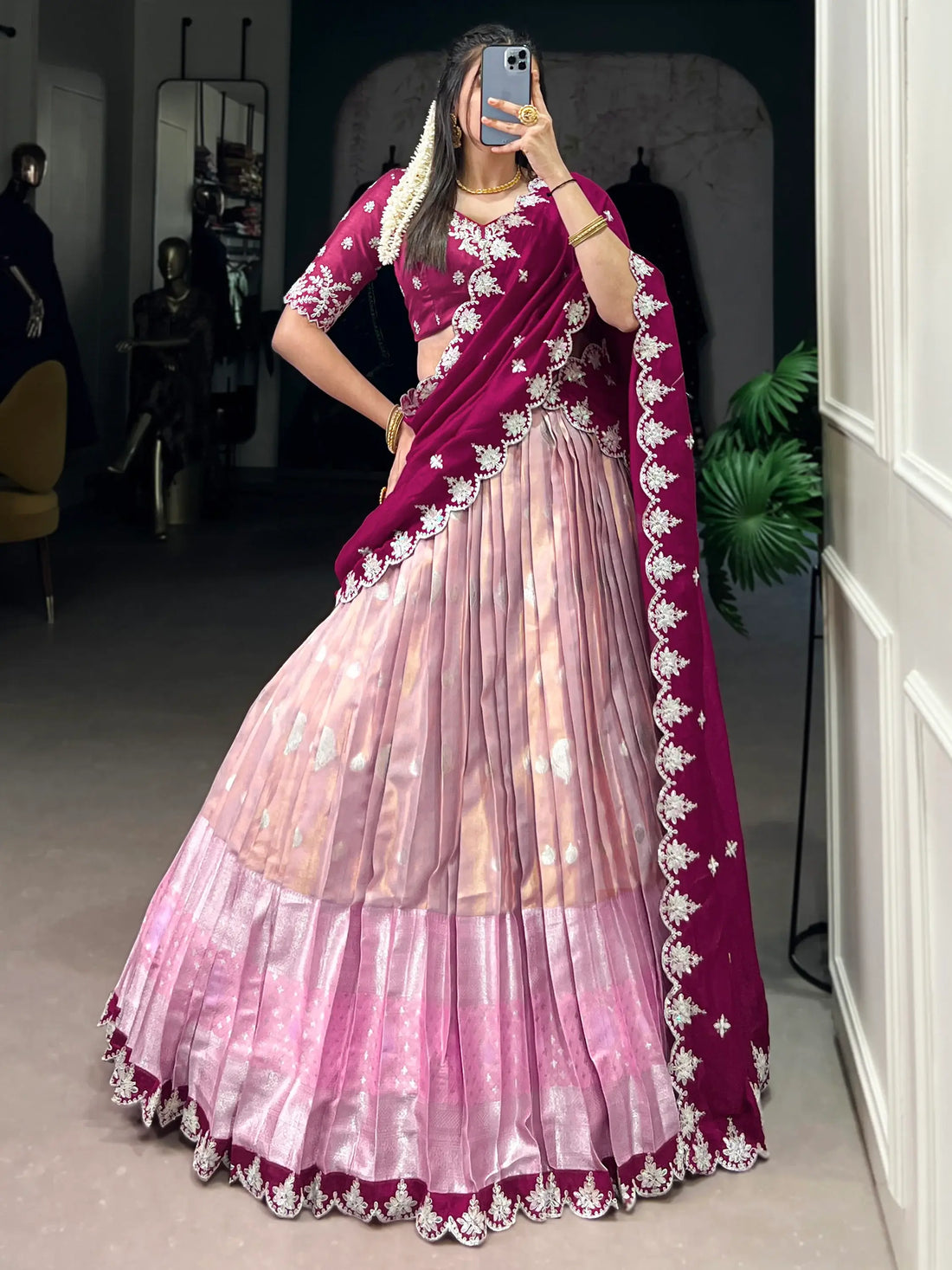 Glamorous Pink Zari Weaving Silk South Indian Lehenga Choli - Zeel Clothing