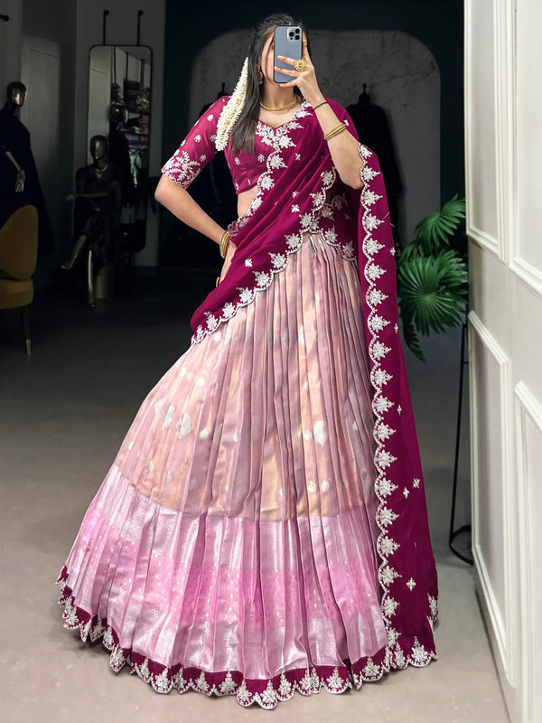 Glamorous Pink Zari Weaving Silk South Indian Lehenga Choli - Zeel Clothing