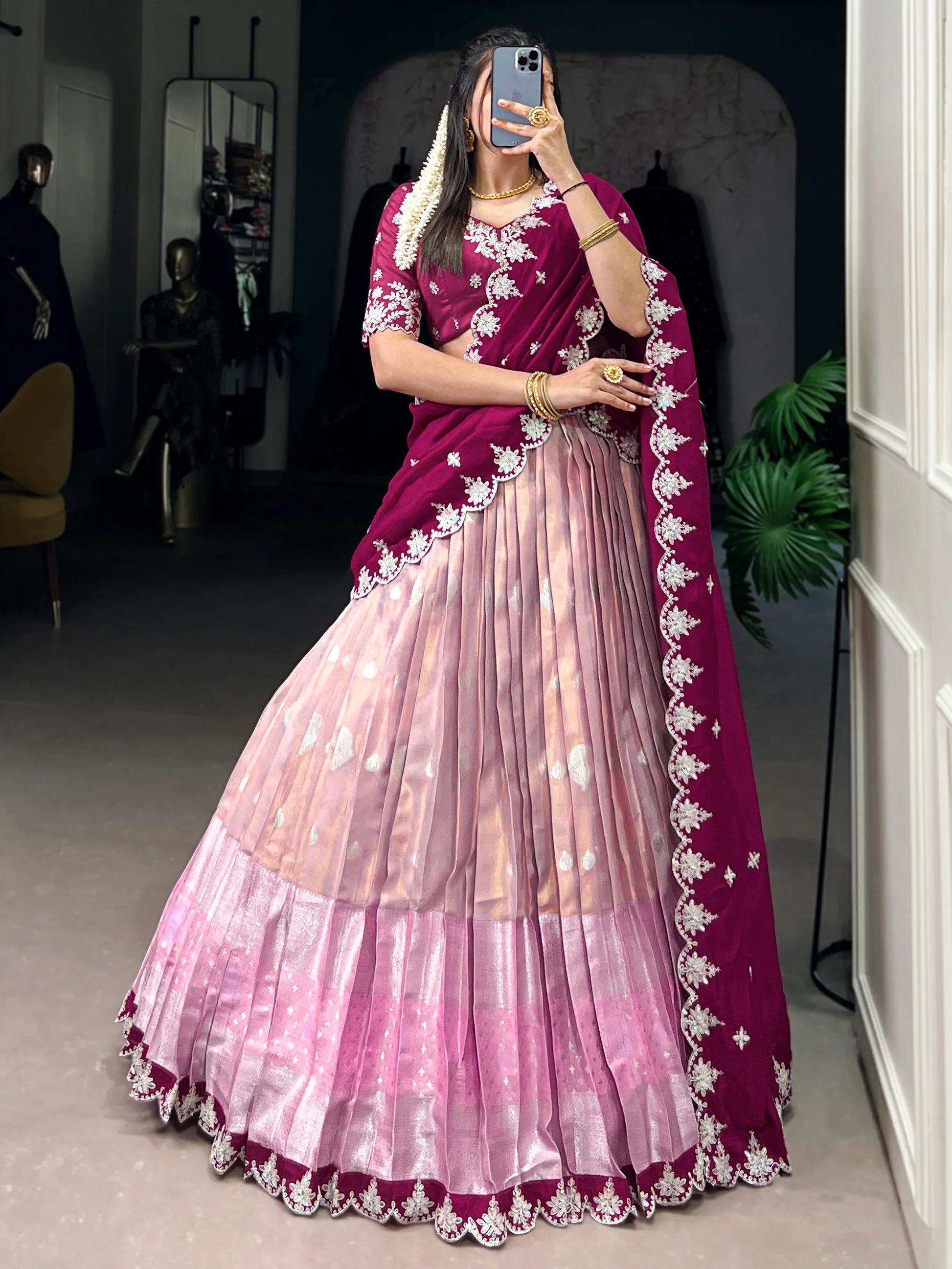 Glamorous Pink Zari Weaving Silk South Indian Lehenga Choli - Zeel Clothing