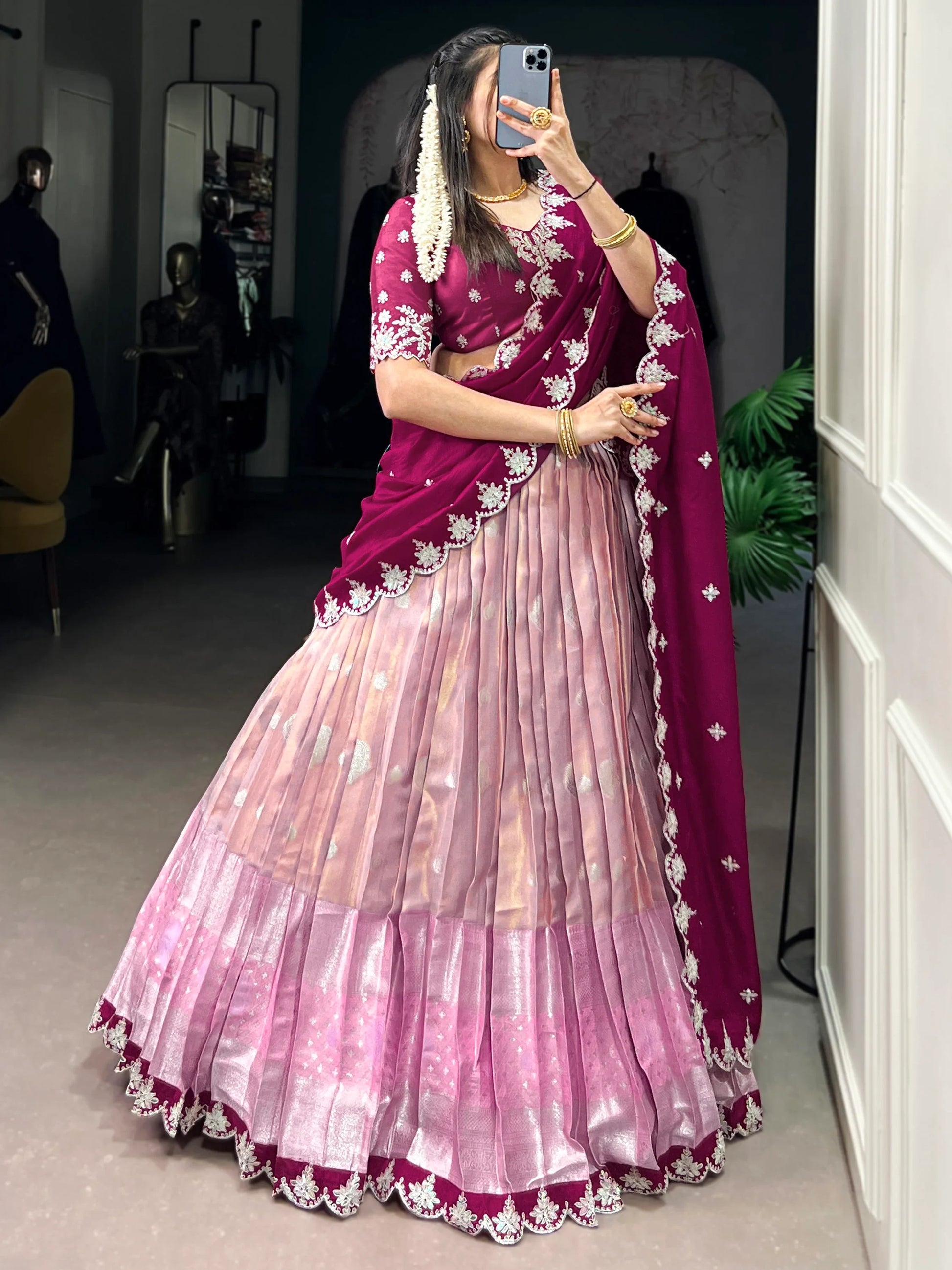 Glamorous Pink Zari Weaving Silk South Indian Lehenga Choli - Zeel Clothing