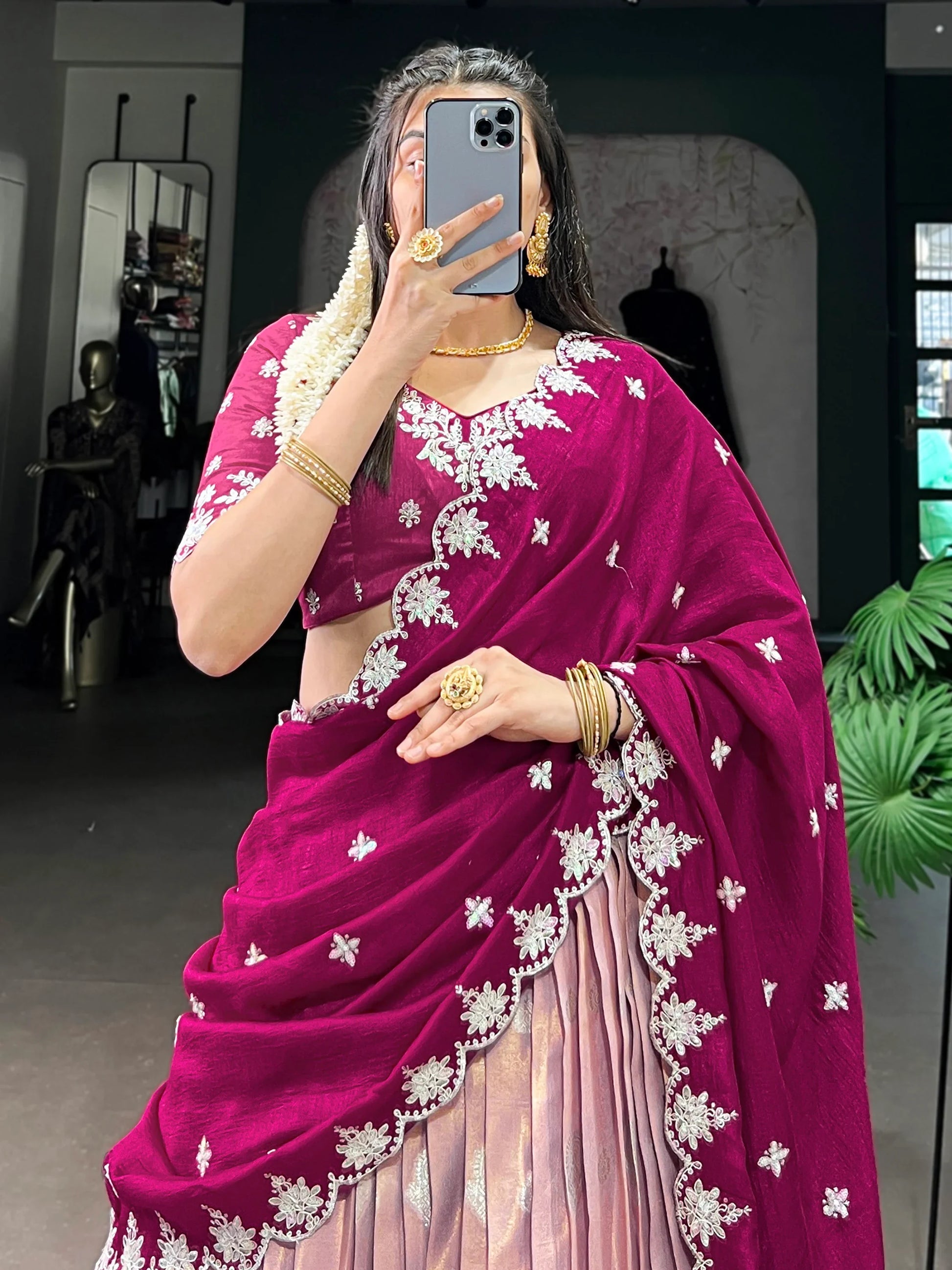 Glamorous Pink Zari Weaving Silk South Indian Lehenga Choli - Zeel Clothing