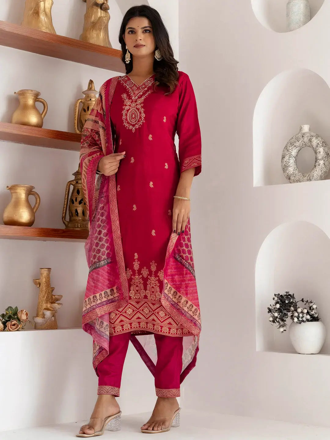 Glamorous Pink Zari Weaving Viscose Silk Festive Wear Pant Suit - Zeel Clothing