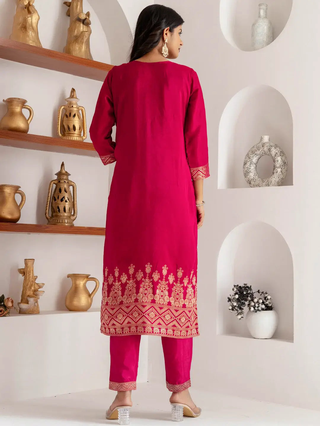 Glamorous Pink Zari Weaving Viscose Silk Festive Wear Pant Suit - Zeel Clothing