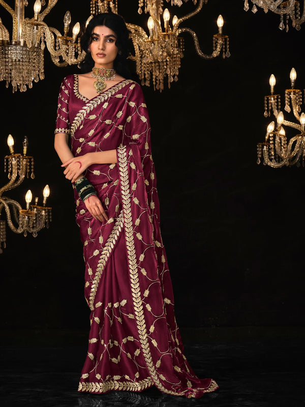 Glamorous Purple Embroidered Tissue Silk Traditional Saree With Blouse - Zeel Clothing