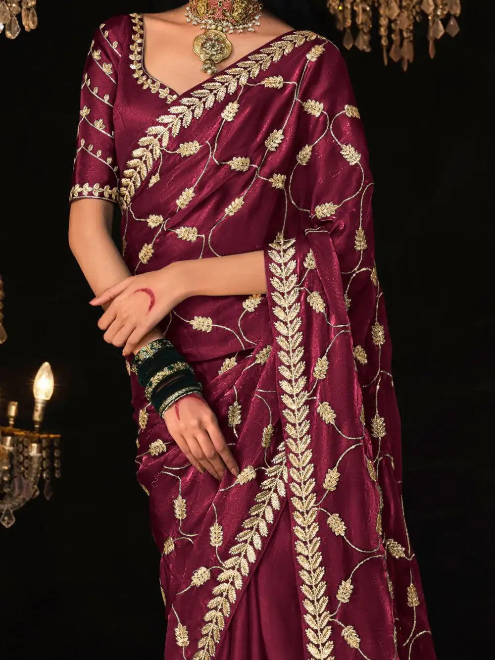 Glamorous Purple Embroidered Tissue Silk Traditional Saree With Blouse - Zeel Clothing