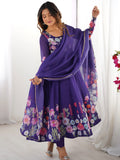 Glamorous Purple Floral Printed Organza Festival Wear Anarkali Suit - Zeel Clothing