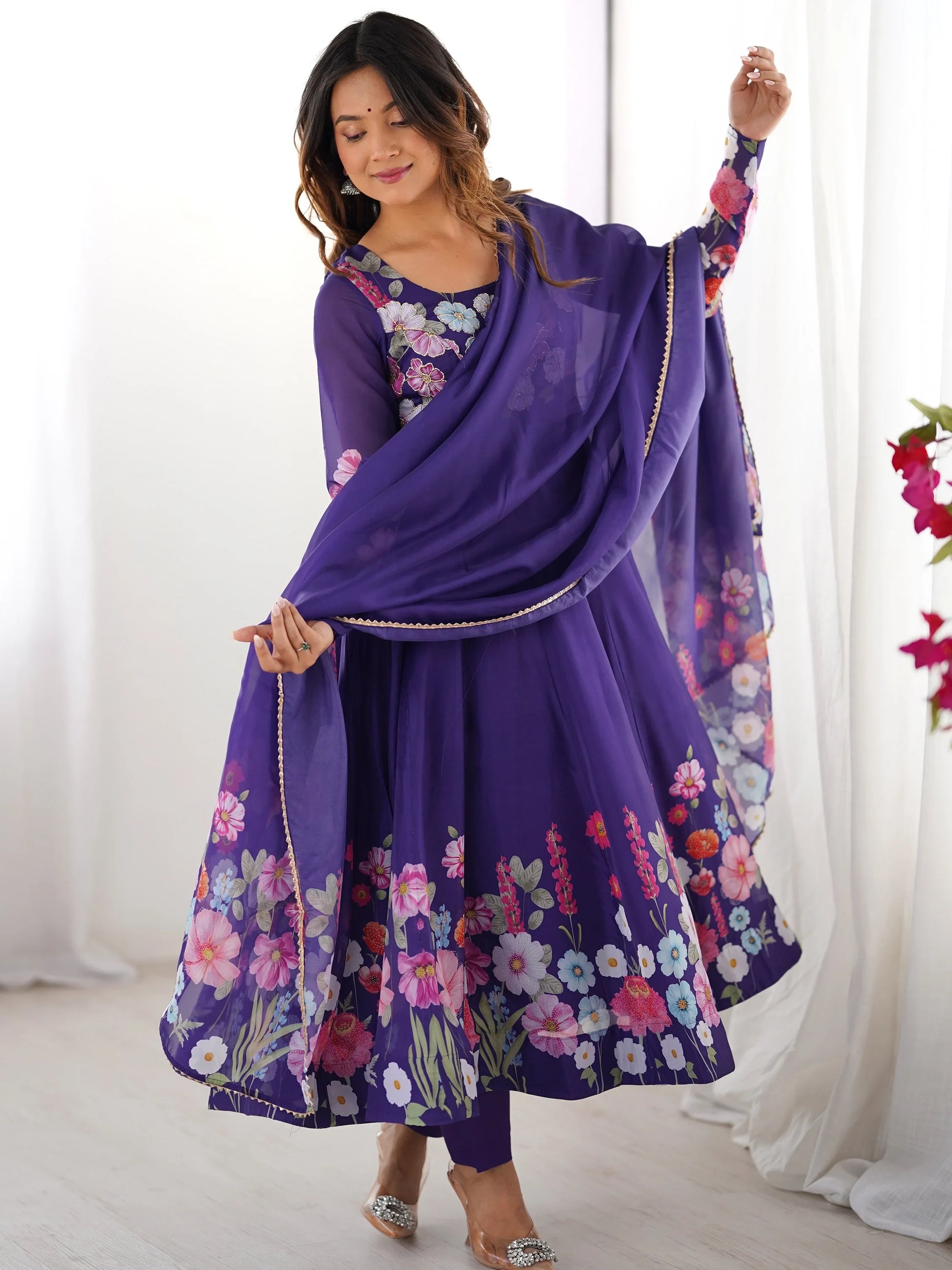 Glamorous Purple Floral Printed Organza Festival Wear Anarkali Suit - Zeel Clothing