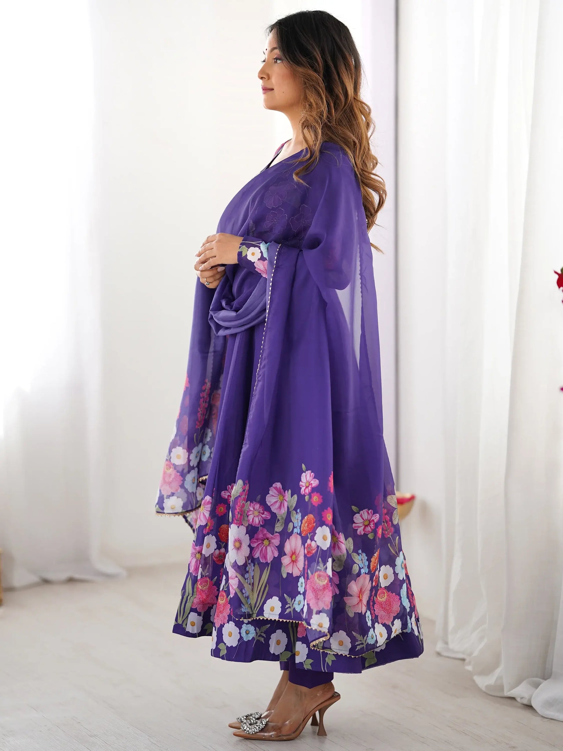 Glamorous Purple Floral Printed Organza Festival Wear Anarkali Suit - Zeel Clothing