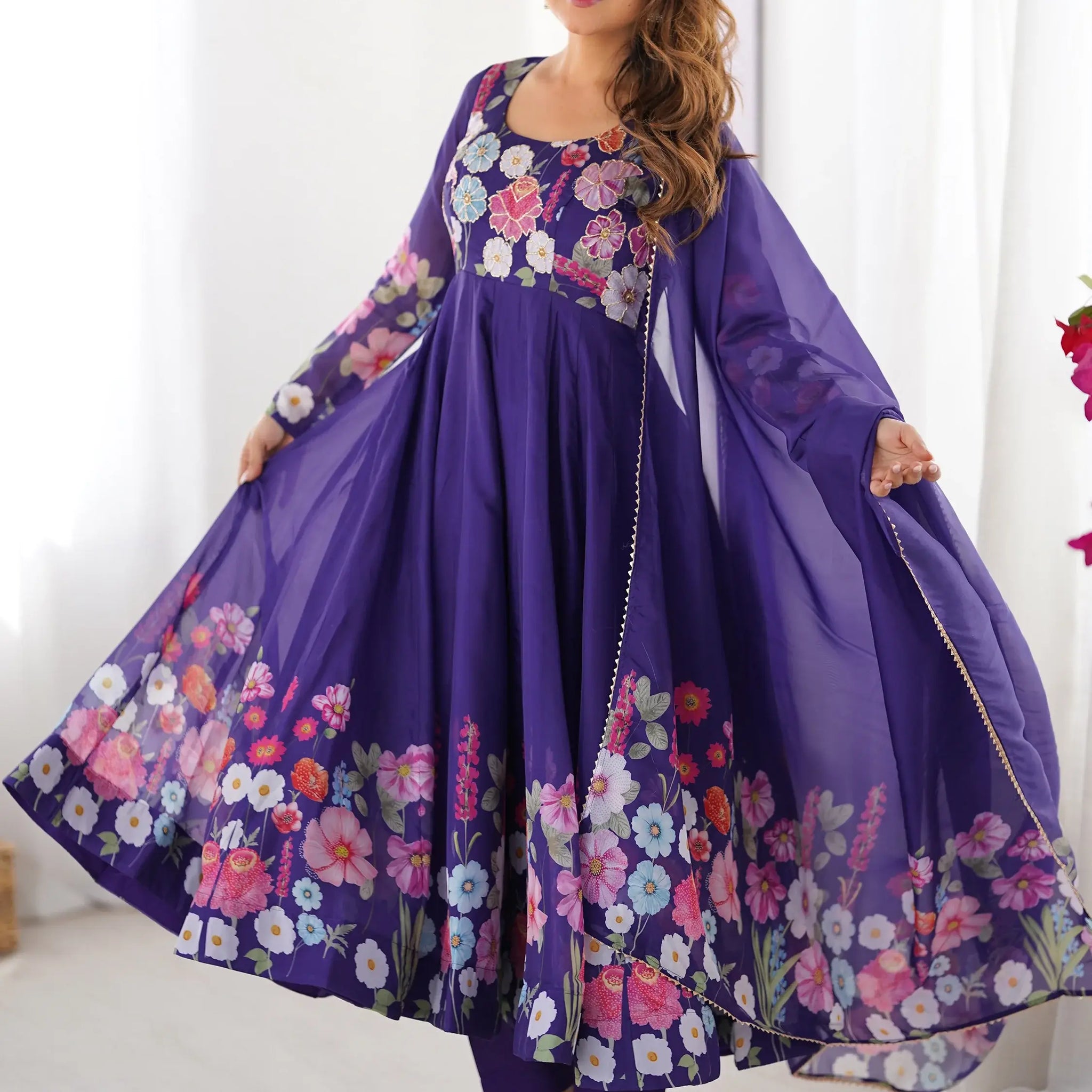 Glamorous Purple Floral Printed Organza Festival Wear Anarkali Suit - Zeel Clothing