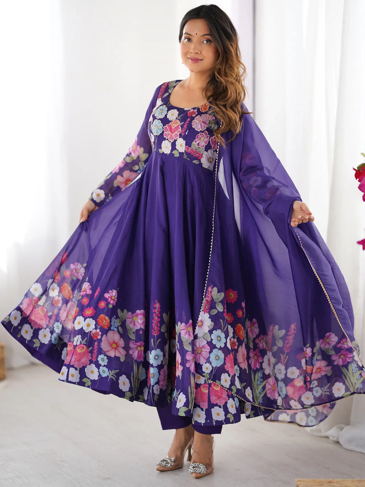 Glamorous Purple Floral Printed Organza Festival Wear Anarkali Suit - Zeel Clothing