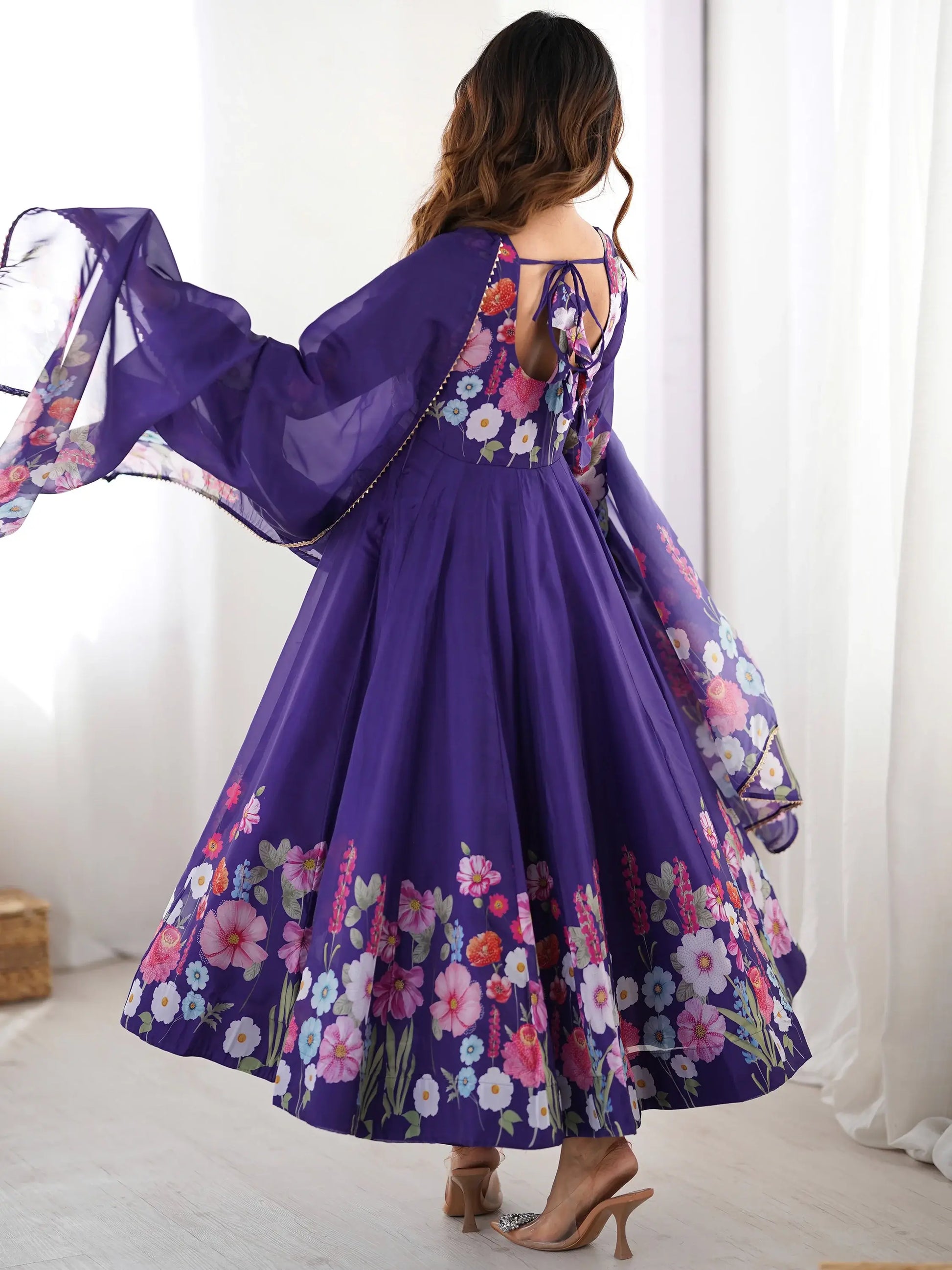 Glamorous Purple Floral Printed Organza Festival Wear Anarkali Suit - Zeel Clothing