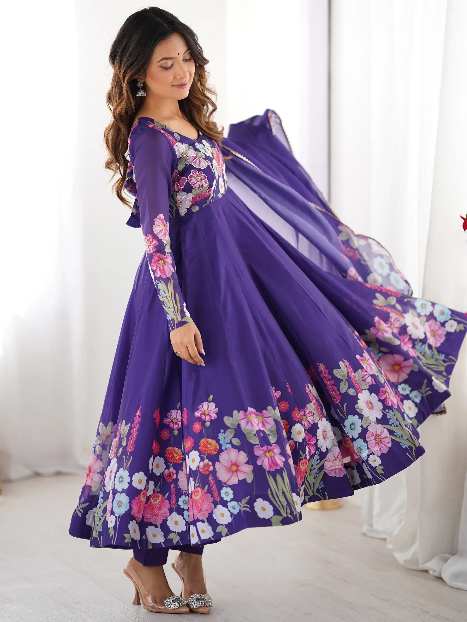 Glamorous Purple Floral Printed Organza Festival Wear Anarkali Suit - Zeel Clothing