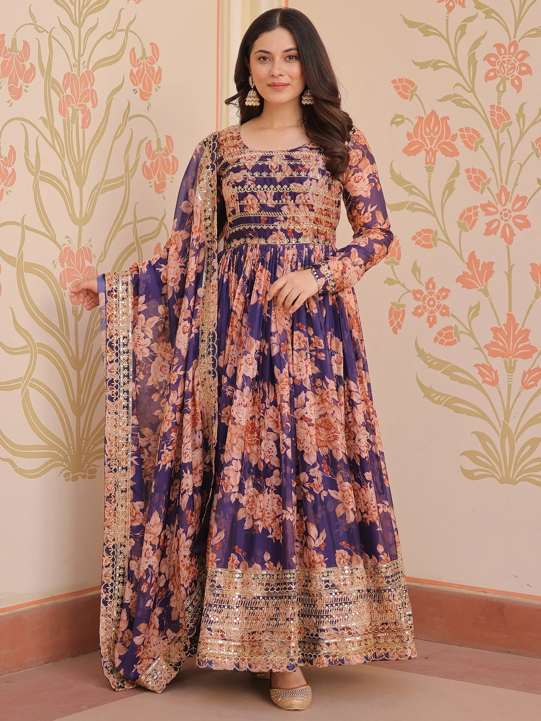 Glamorous Purple Floral Printed Silk Festival Wear Gown With Dupatta - Zeel Clothing