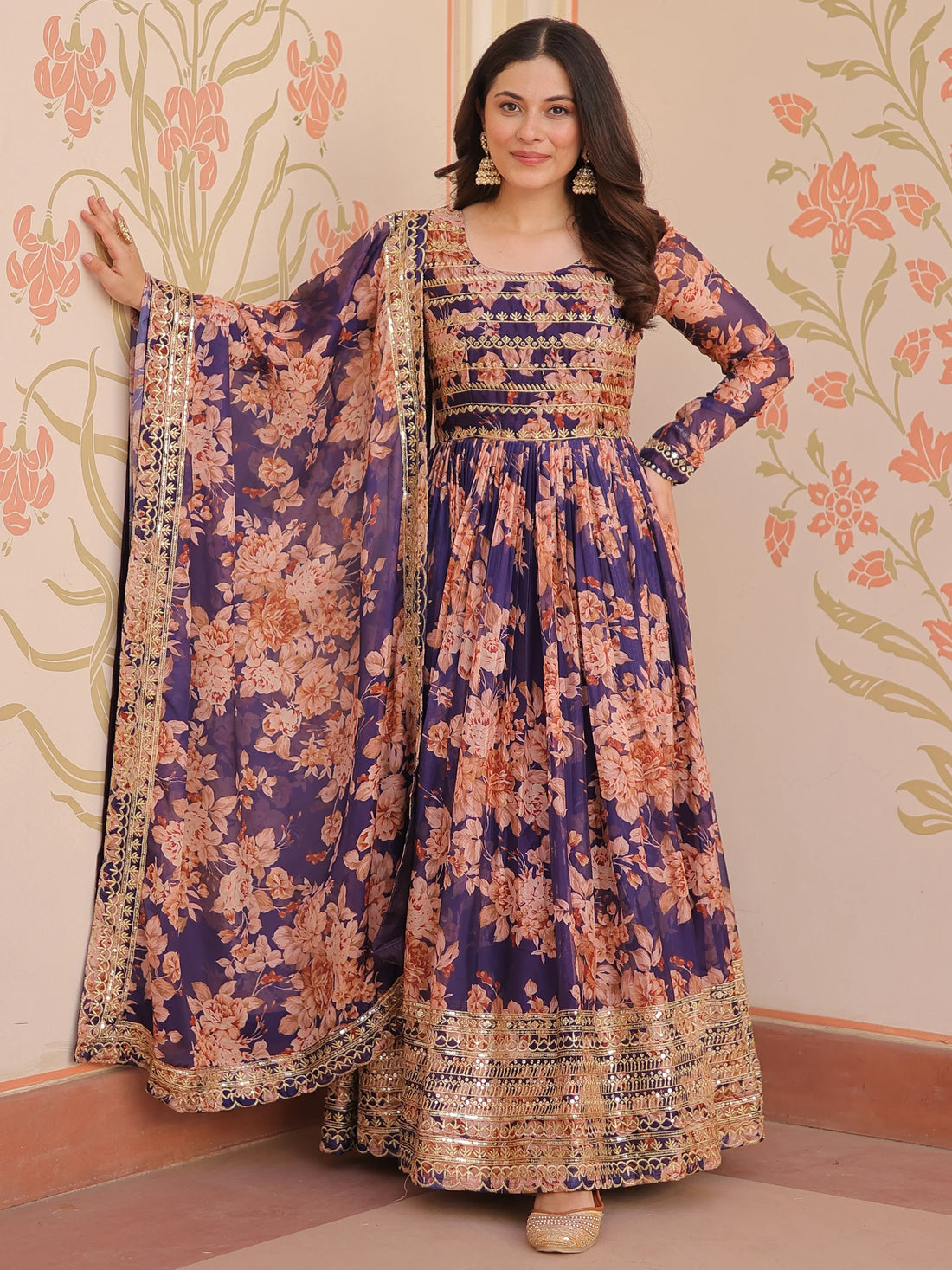 Glamorous Purple Floral Printed Silk Festival Wear Gown With Dupatta - Zeel Clothing