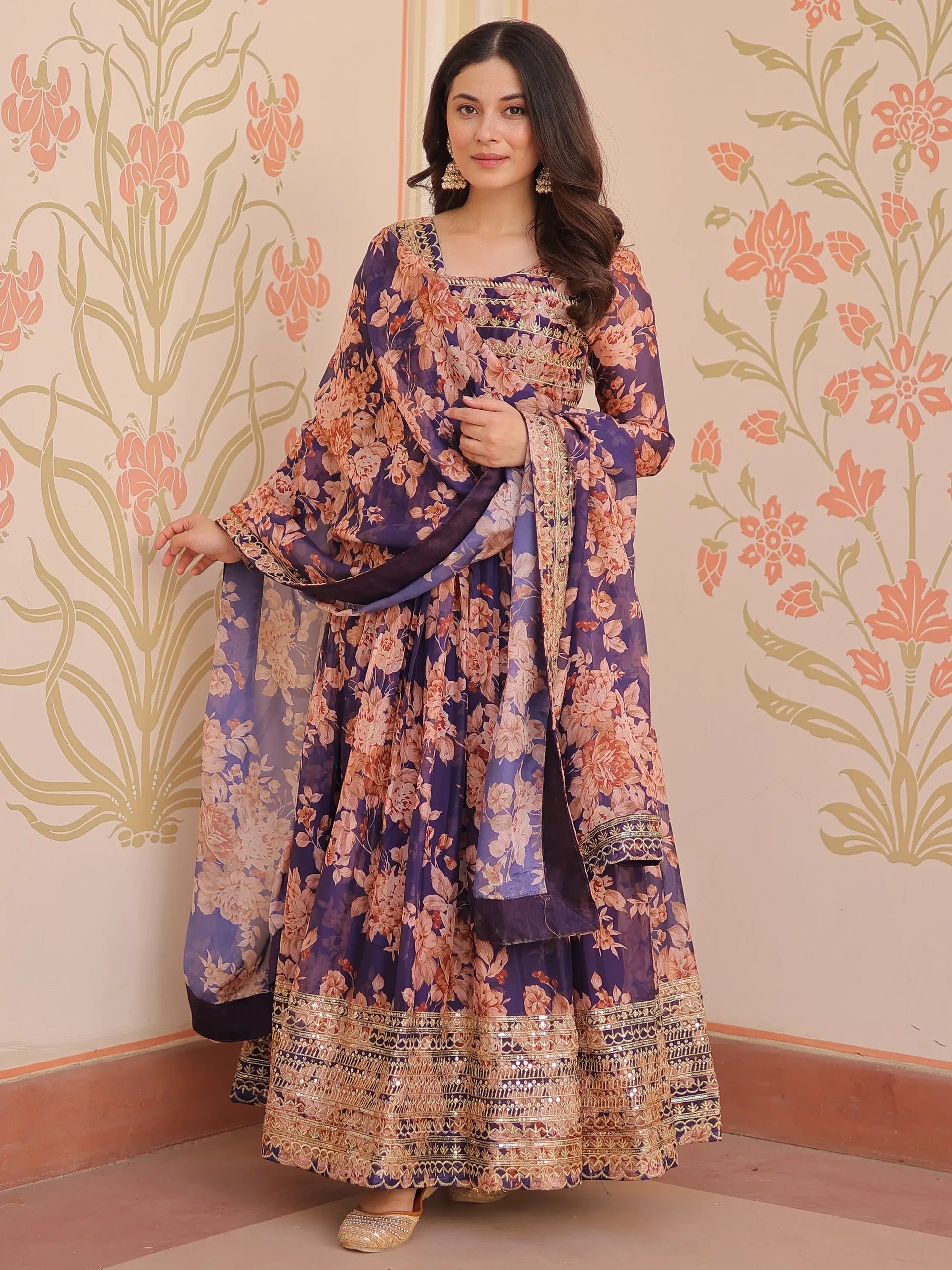 Glamorous Purple Floral Printed Silk Festival Wear Gown With Dupatta - Zeel Clothing