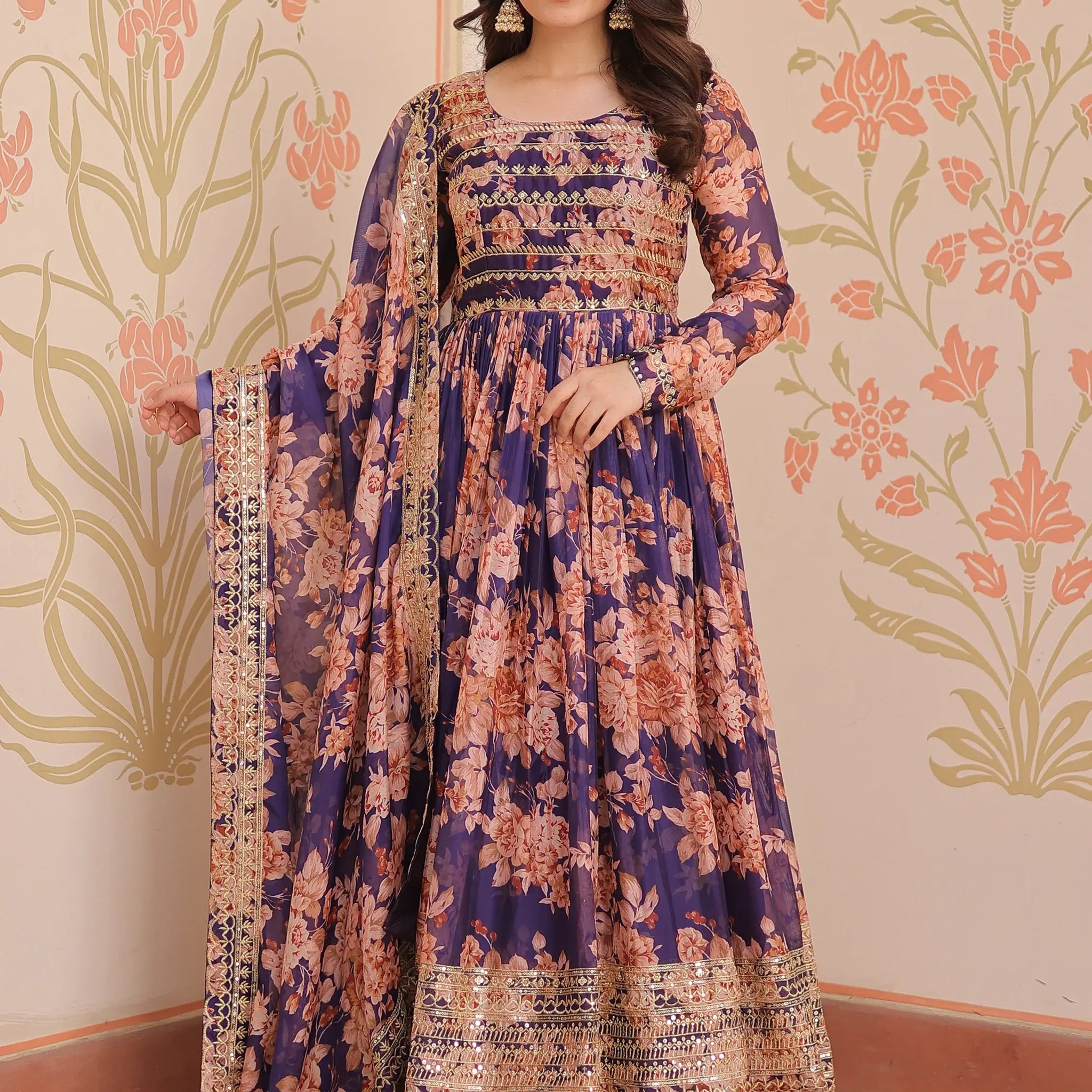 Glamorous Purple Floral Printed Silk Festival Wear Gown With Dupatta - Zeel Clothing
