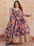 Glamorous Purple Floral Printed Silk Festival Wear Gown With Dupatta - Zeel Clothing