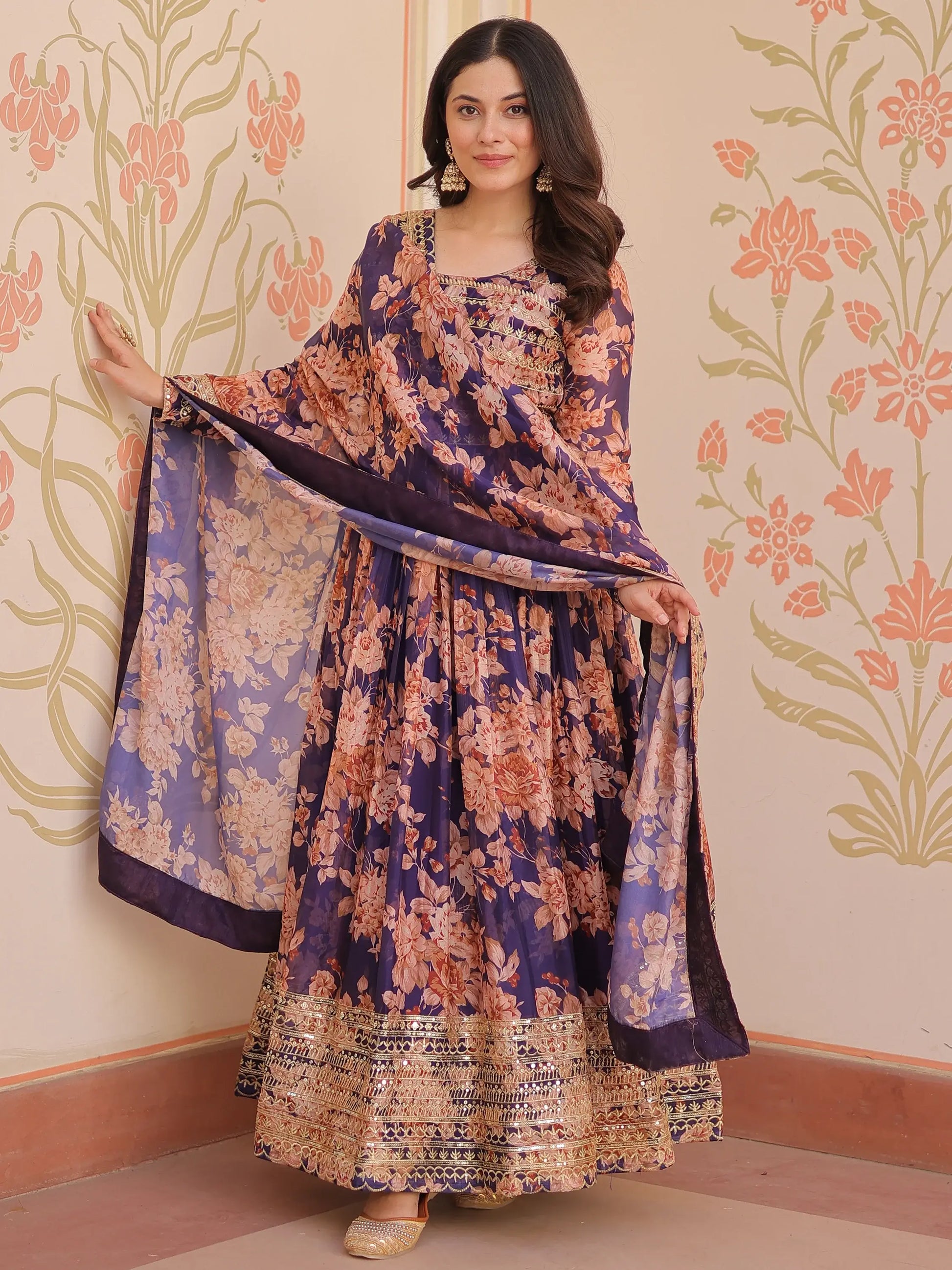 Glamorous Purple Floral Printed Silk Festival Wear Gown With Dupatta - Zeel Clothing